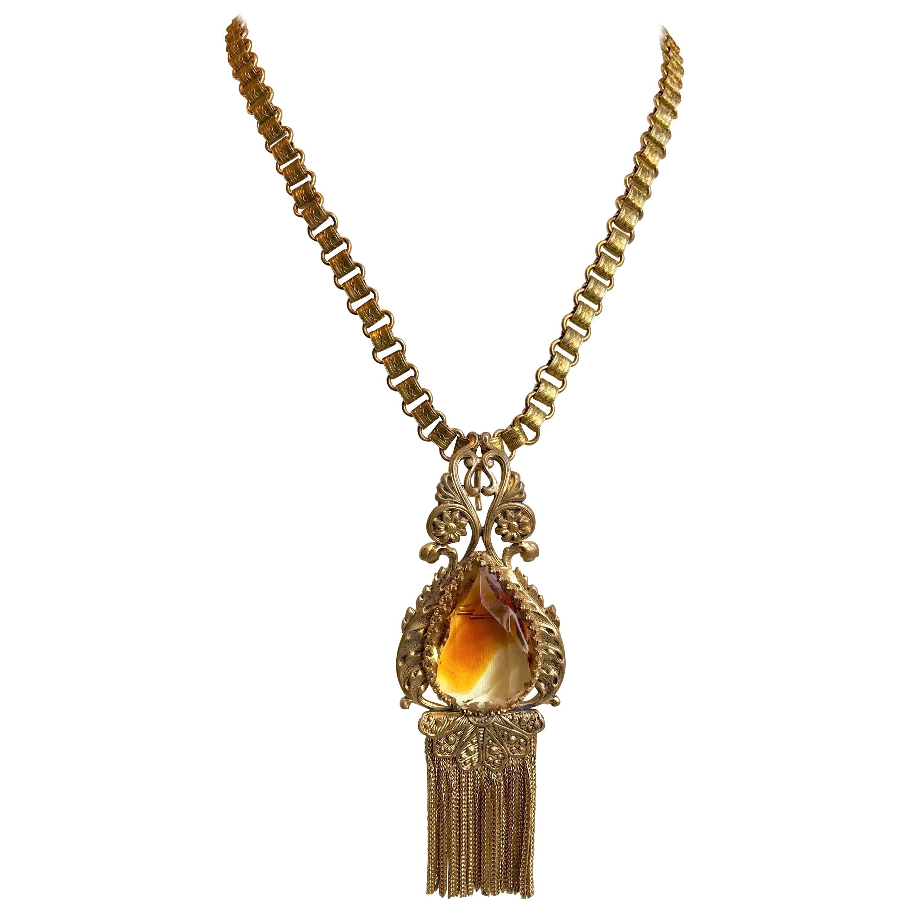 Early 1900s Book Chain and Topaz Faceted Glass Pendant/Brooch Necklace For Sale