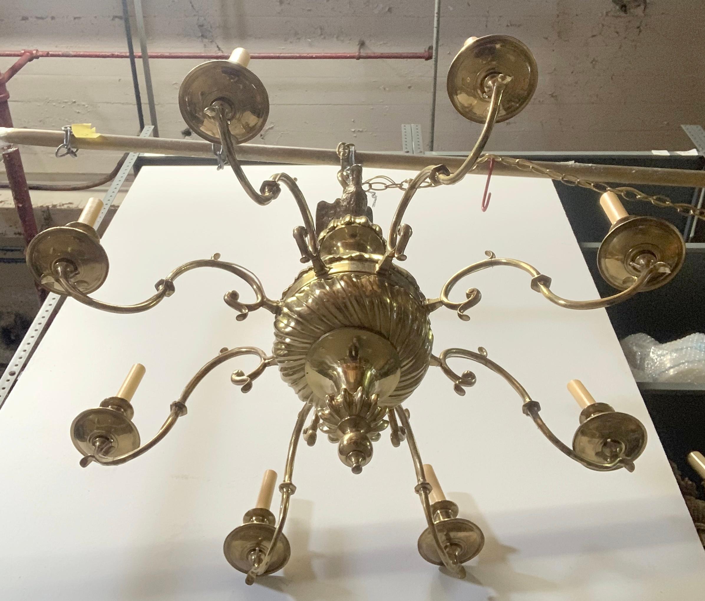 Early 1900s Brass 8-Arm Chandelier from NYC Stock Exchange w/ Eagle Finial 8