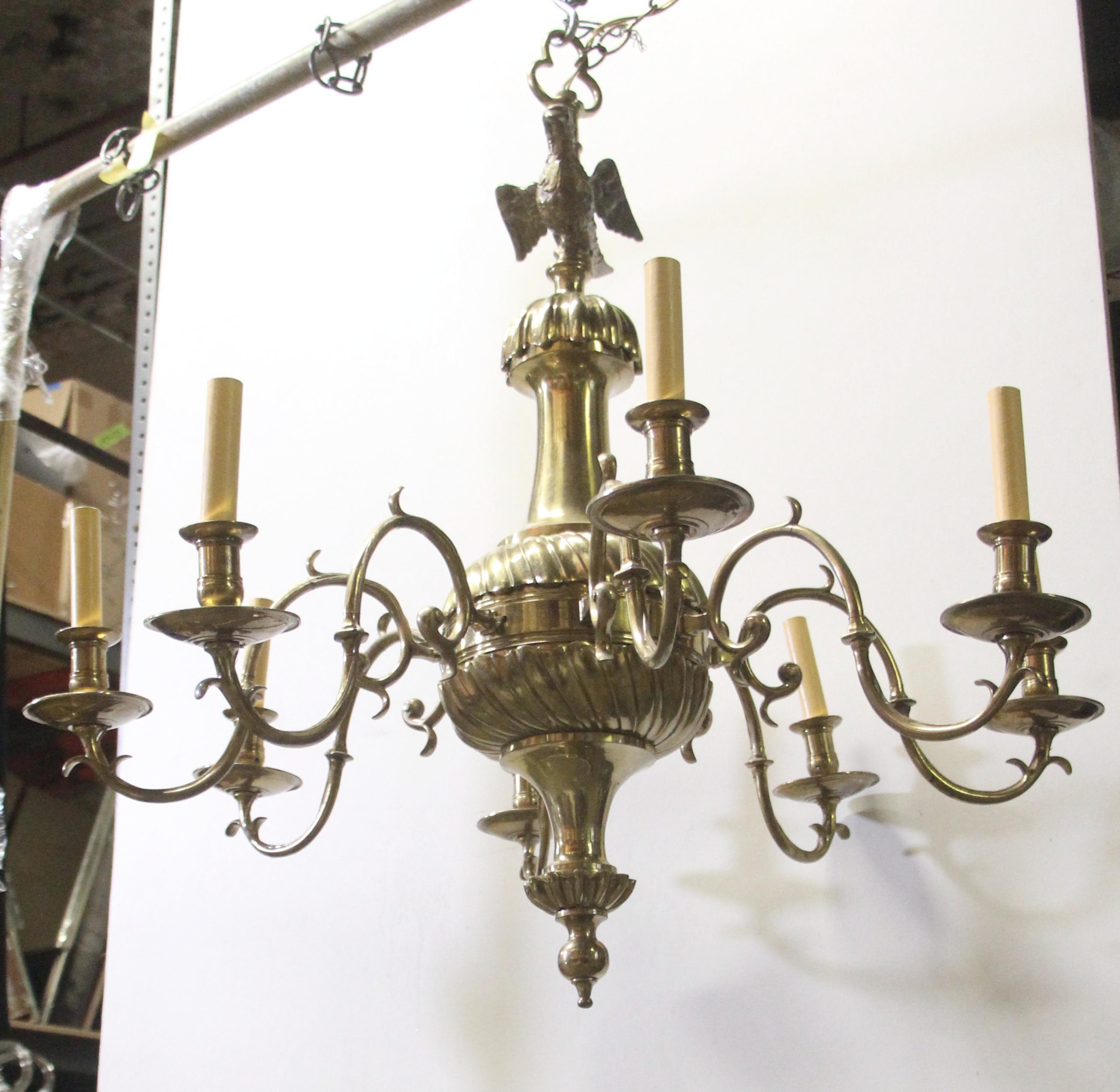 Colonial Revival Early 1900s Brass 8-Arm Chandelier from NYC Stock Exchange w/ Eagle Finial