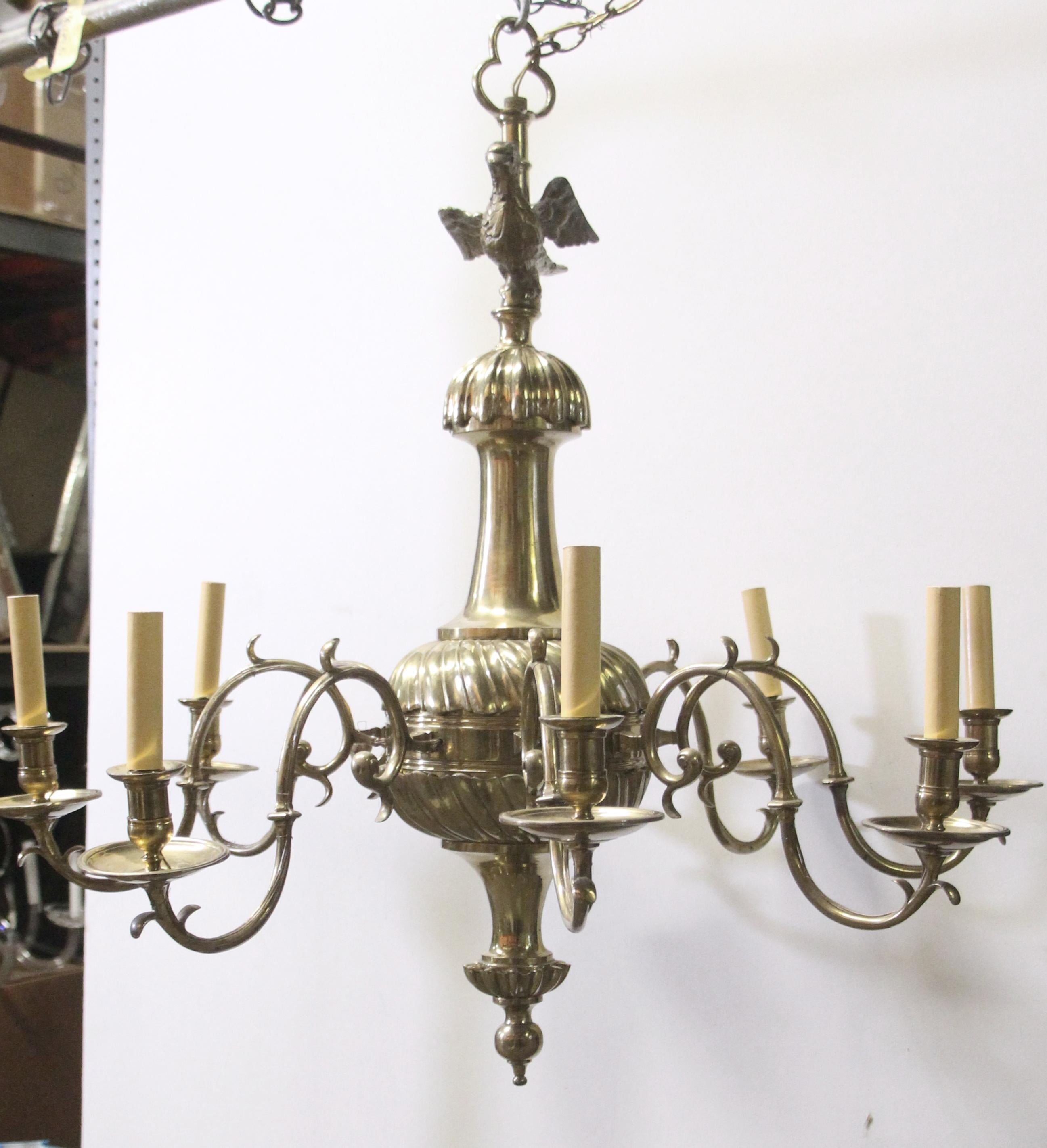 American Early 1900s Brass 8-Arm Chandelier from NYC Stock Exchange w/ Eagle Finial