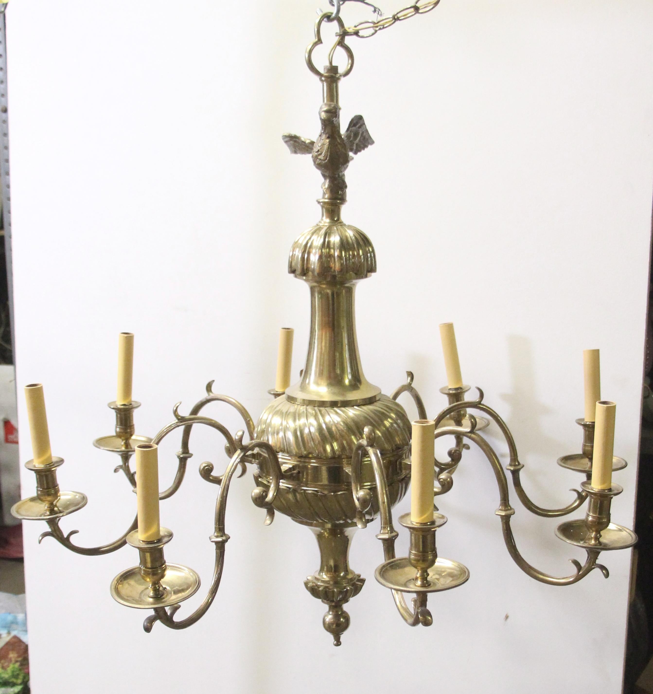 Polished Early 1900s Brass 8-Arm Chandelier from NYC Stock Exchange w/ Eagle Finial