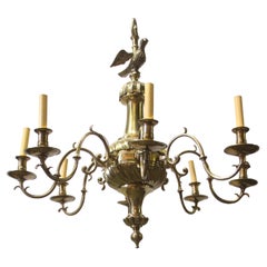Antique Early 1900s Brass 8-Arm Chandelier from NYC Stock Exchange w/ Eagle Finial