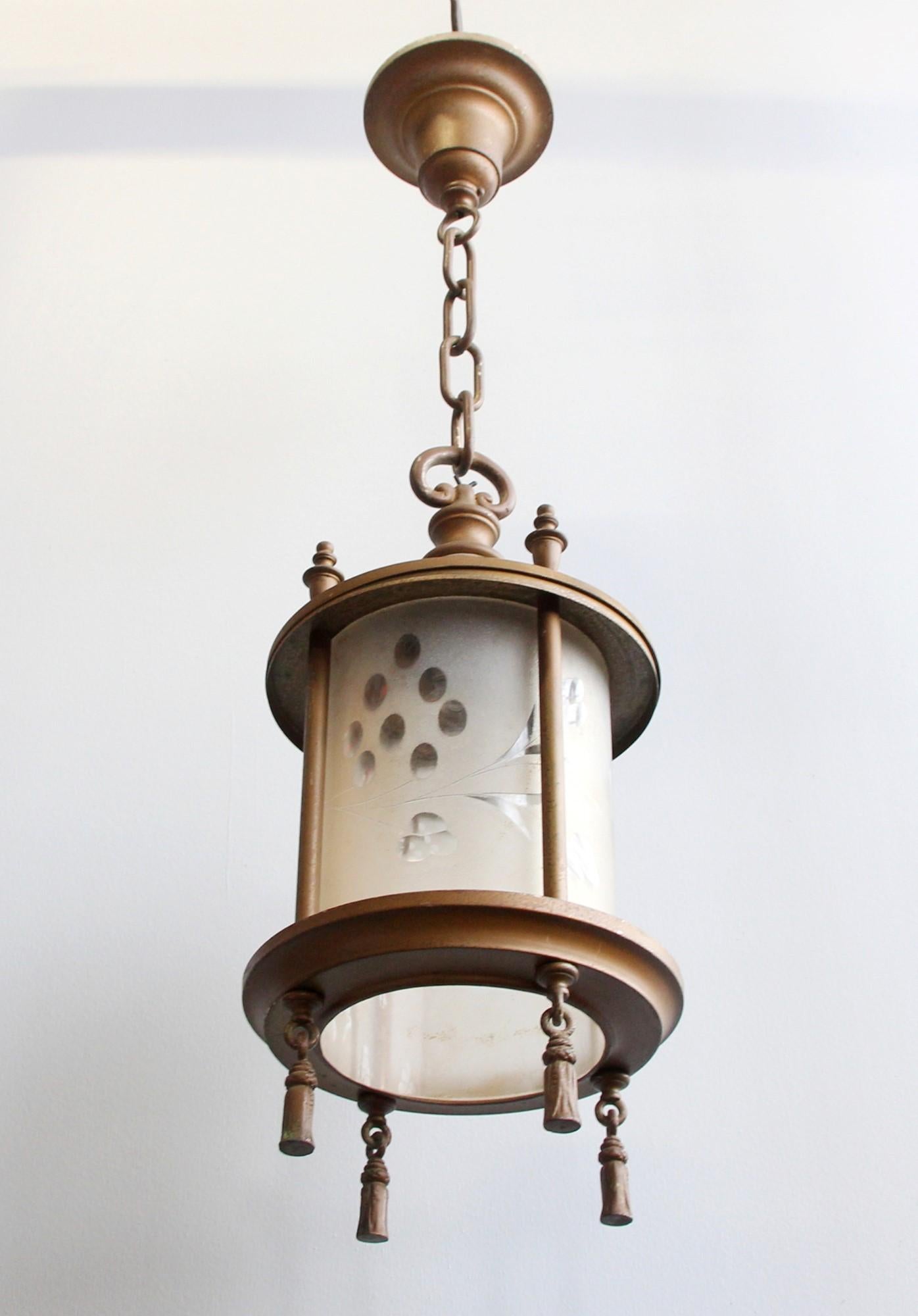 20th Century Early 1900s Brass Lantern with Original Etched Cylinder Glass
