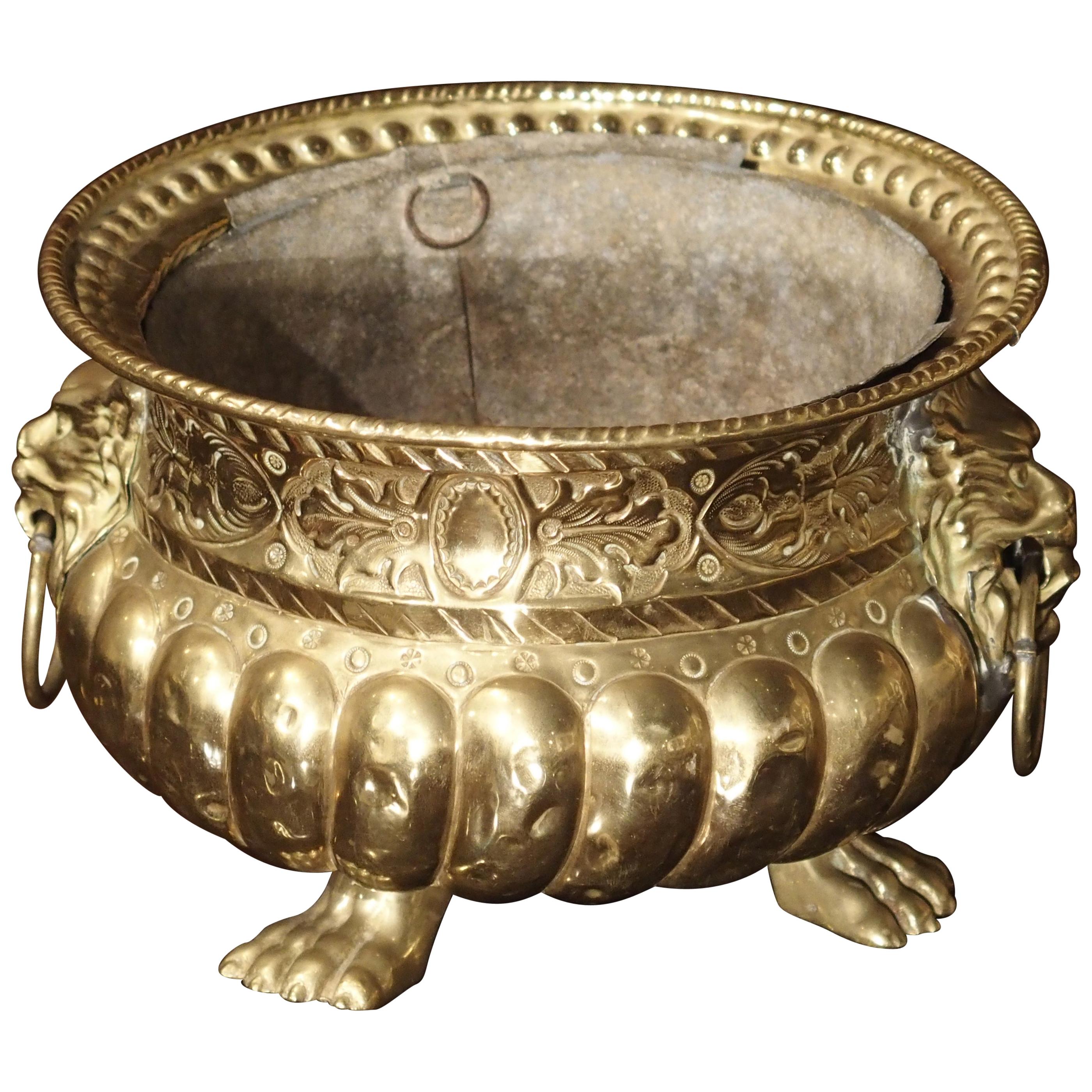 Early 1900s Brass Repousse Jardinière from France
