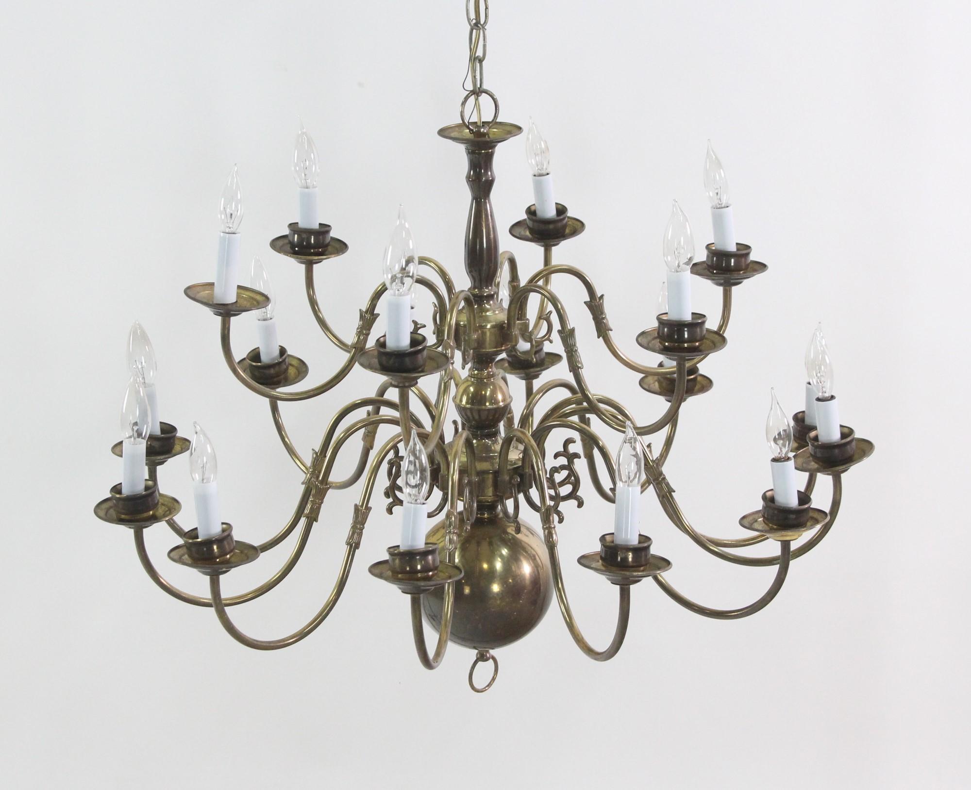 Colonial Revival Early 1900s Brass Williamsburg Style Chandelier with 18 Arms and Lights