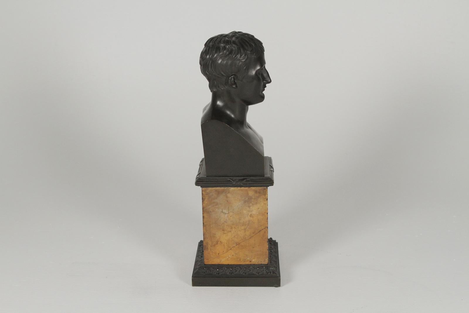 Early 1900s Bronze Bust On A Marble Base. Nice bark original patination with bronze mounted Siena Marble base. 14.5 inches tall.