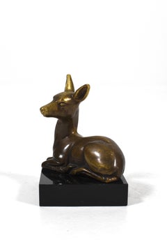 Early 1900s Bronze Deer Sculpture on Black Stone Base, Art Deco, Art Nouveau