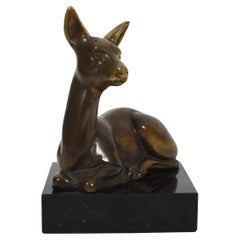 Early 1900s Bronze Deer Sculpture on Black Stone Base, Art Deco, Art Nouveau