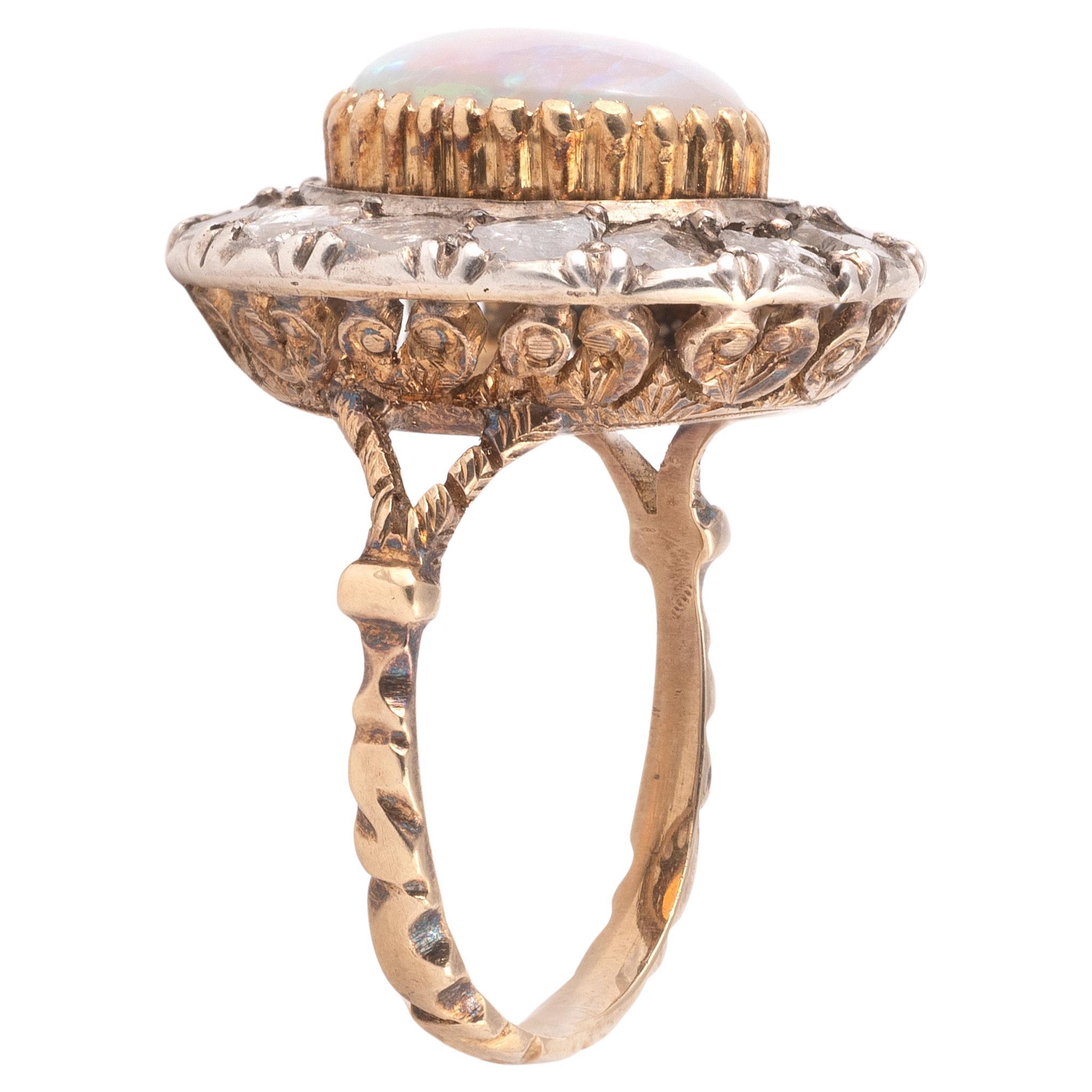 Art Nouveau Early 1900's Cabochon Opal And Rose Diamond Cluster Ring