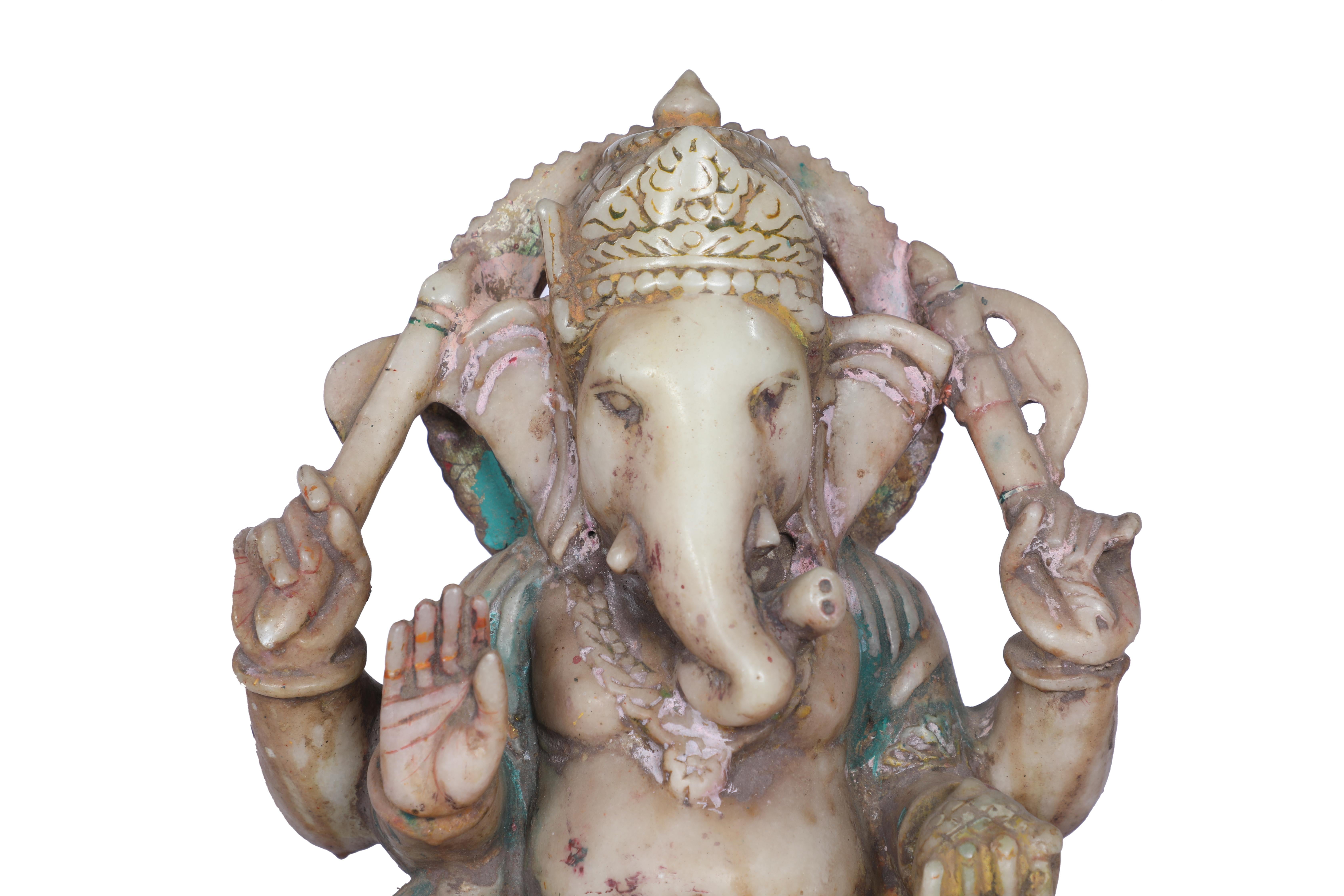 Indian Early 1900's Carved Marble Ganesh with Original Paint, India