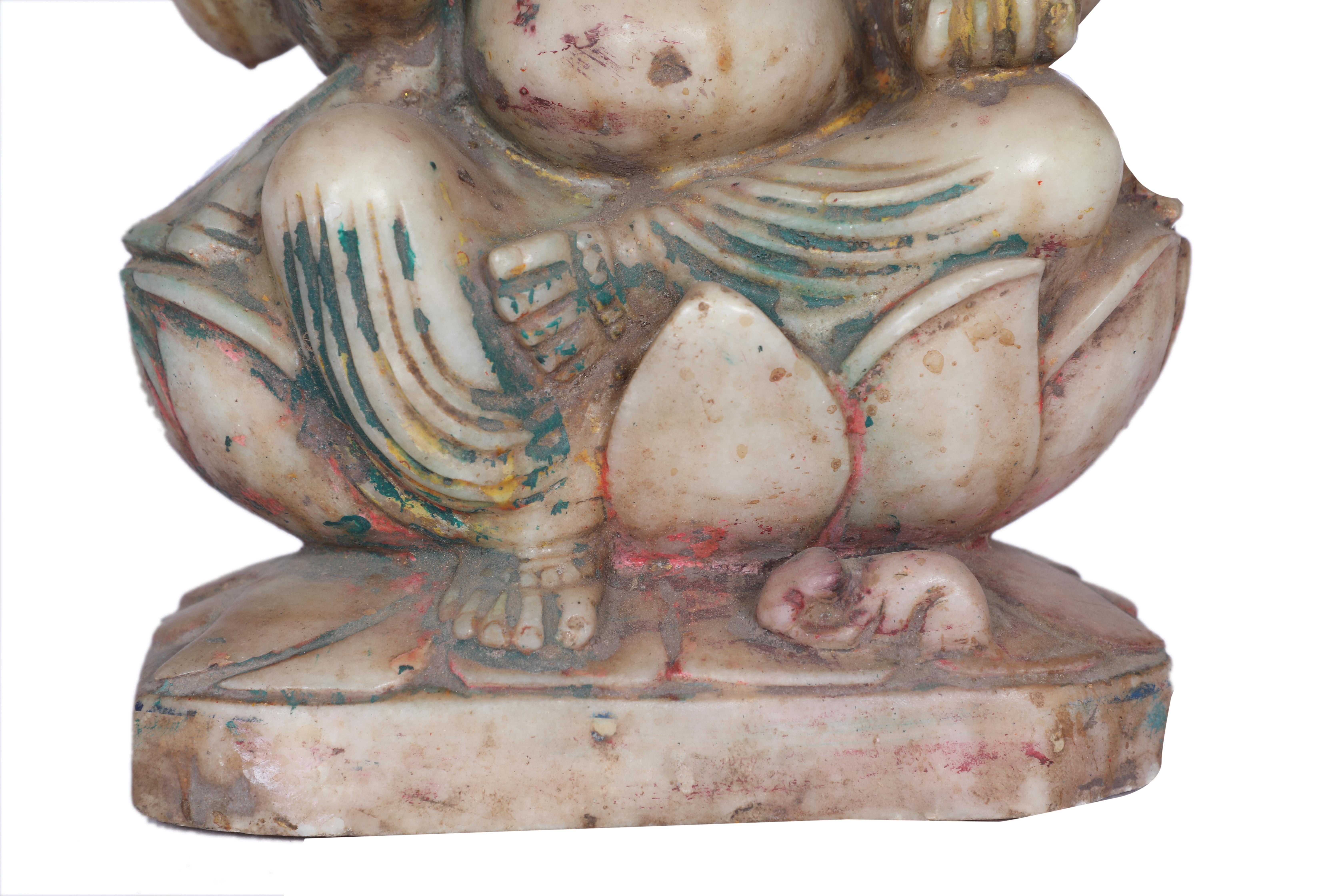 Early 1900's Carved Marble Ganesh with Original Paint, India In Good Condition In Nantucket, MA