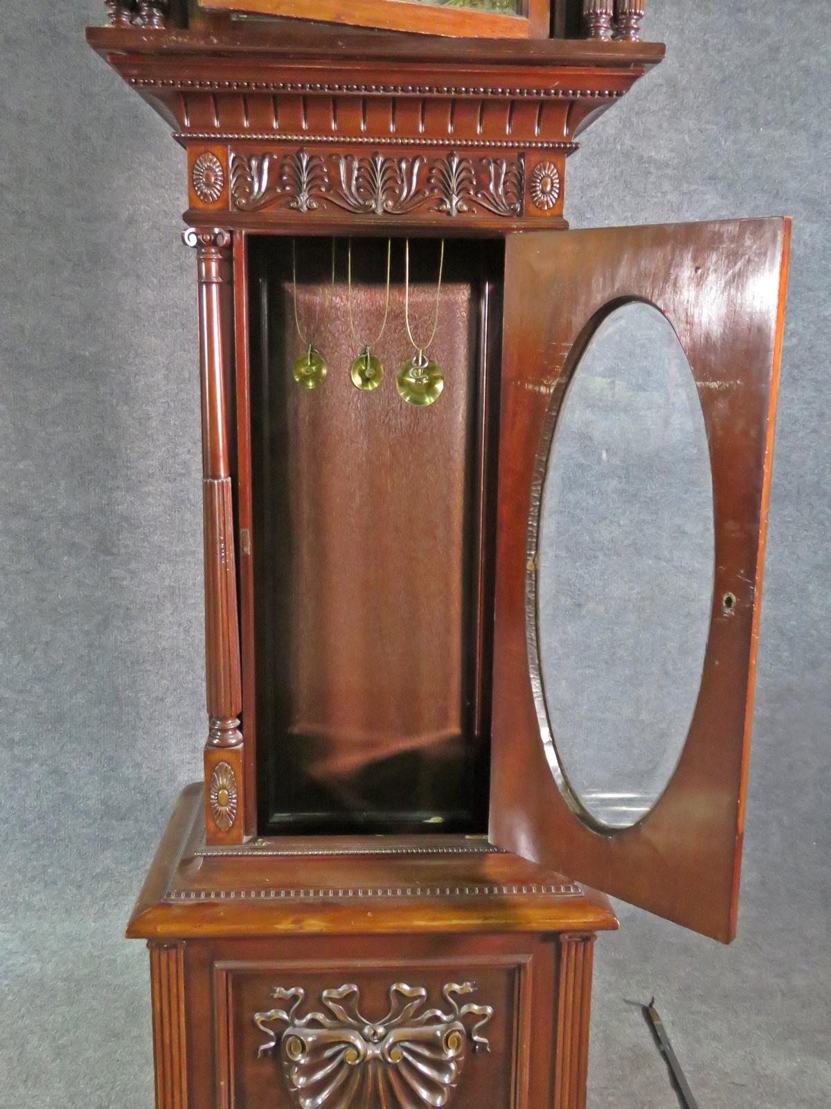 Early 1900s Carved Walnut Durfee Case Elliot Movement 5 Tube Grandfather Clock For Sale 2