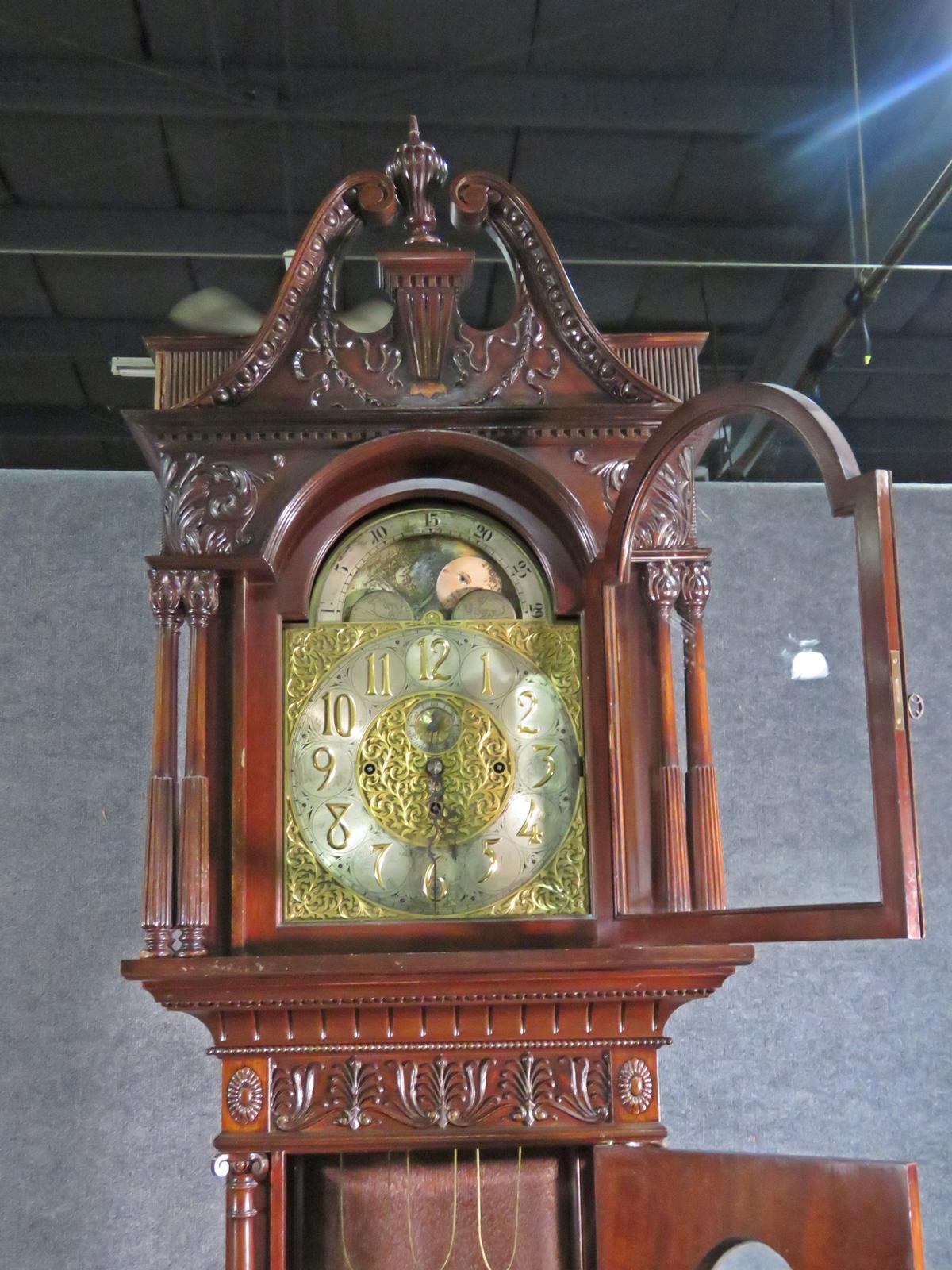 Early 1900s Carved Walnut Durfee Case Elliot Movement 5 Tube Grandfather Clock For Sale 3