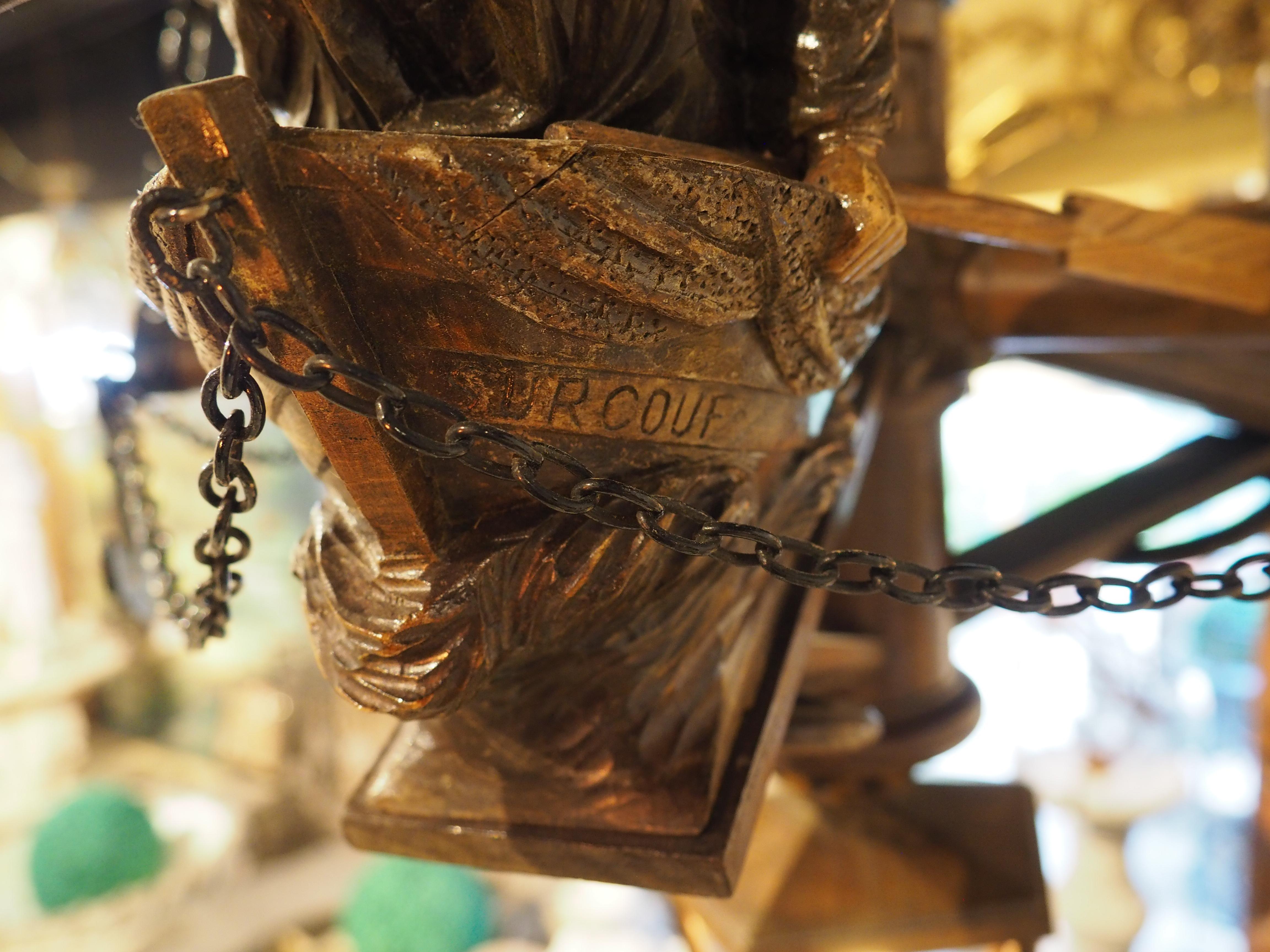 Early 1900s Carved Wood Chandelier from Brittany, France, 