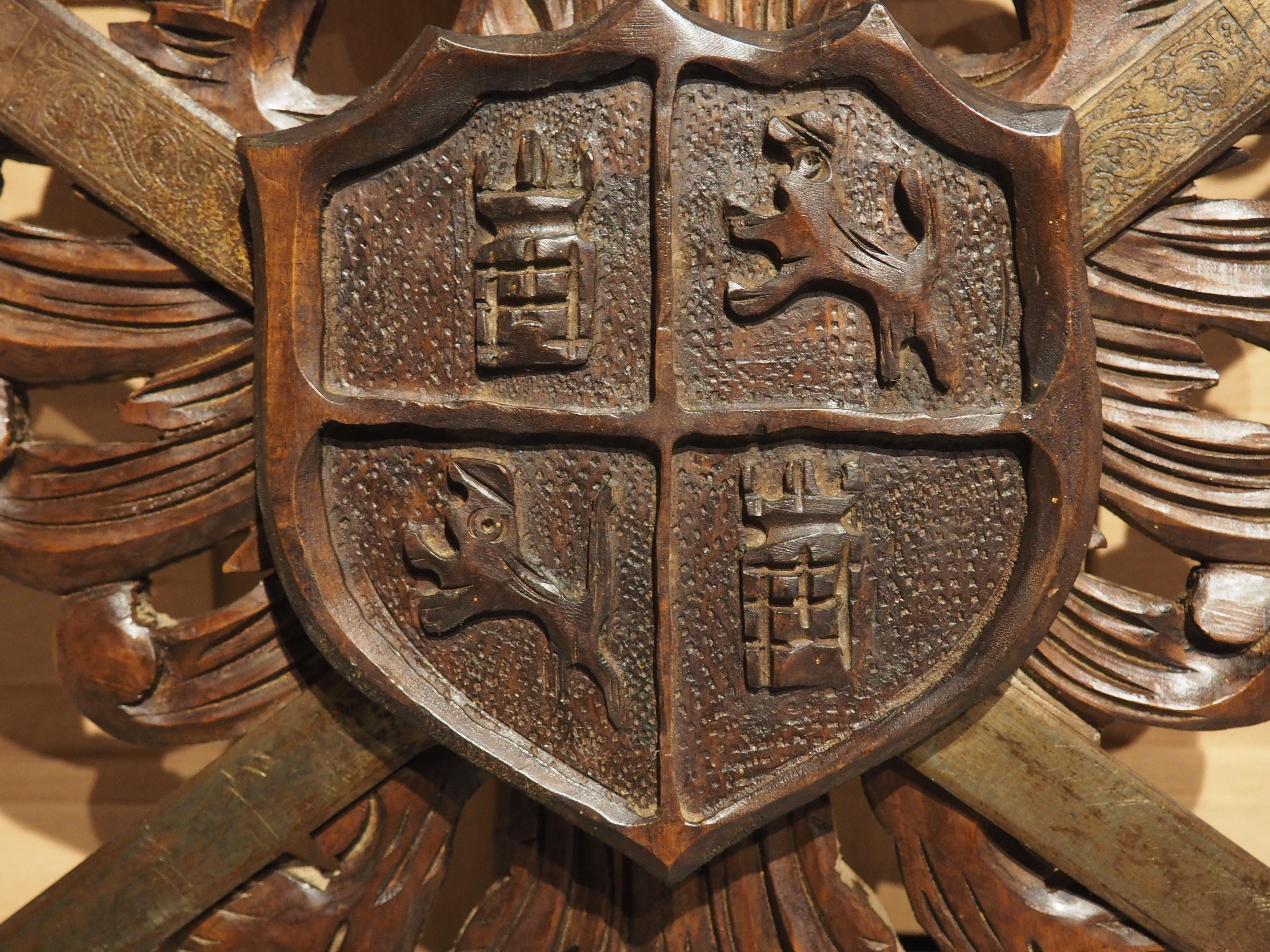 20th Century Early 1900s Carved Wooden Coat of Arms Plaque with Crossed Swords