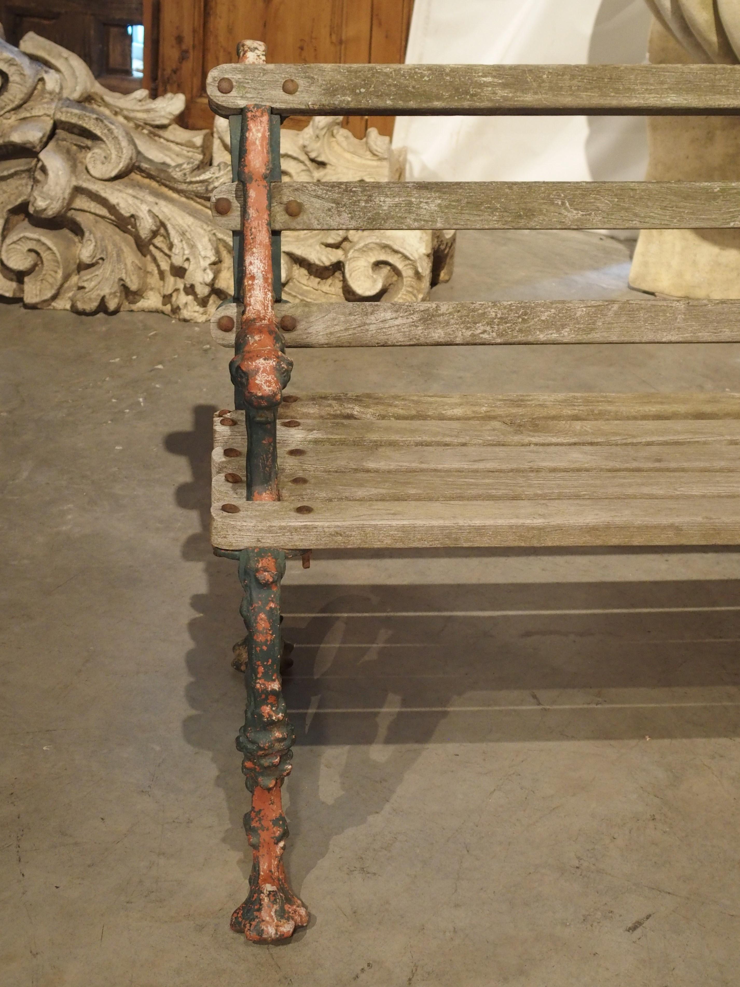 Early 1900s Cast Iron and Wood Bench with Dog Head and Serpent Supports 7