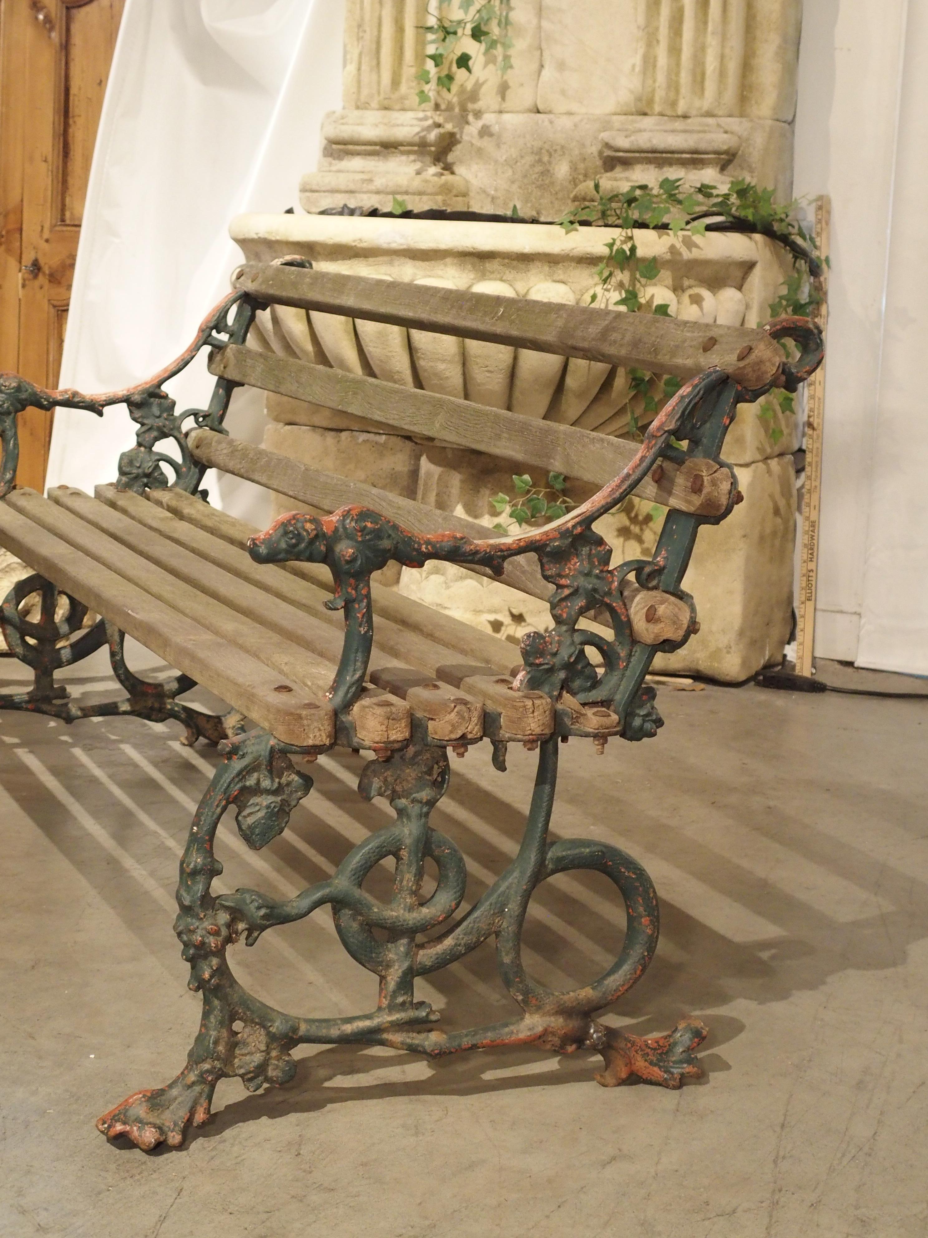 Early 1900s Cast Iron and Wood Bench with Dog Head and Serpent Supports 9