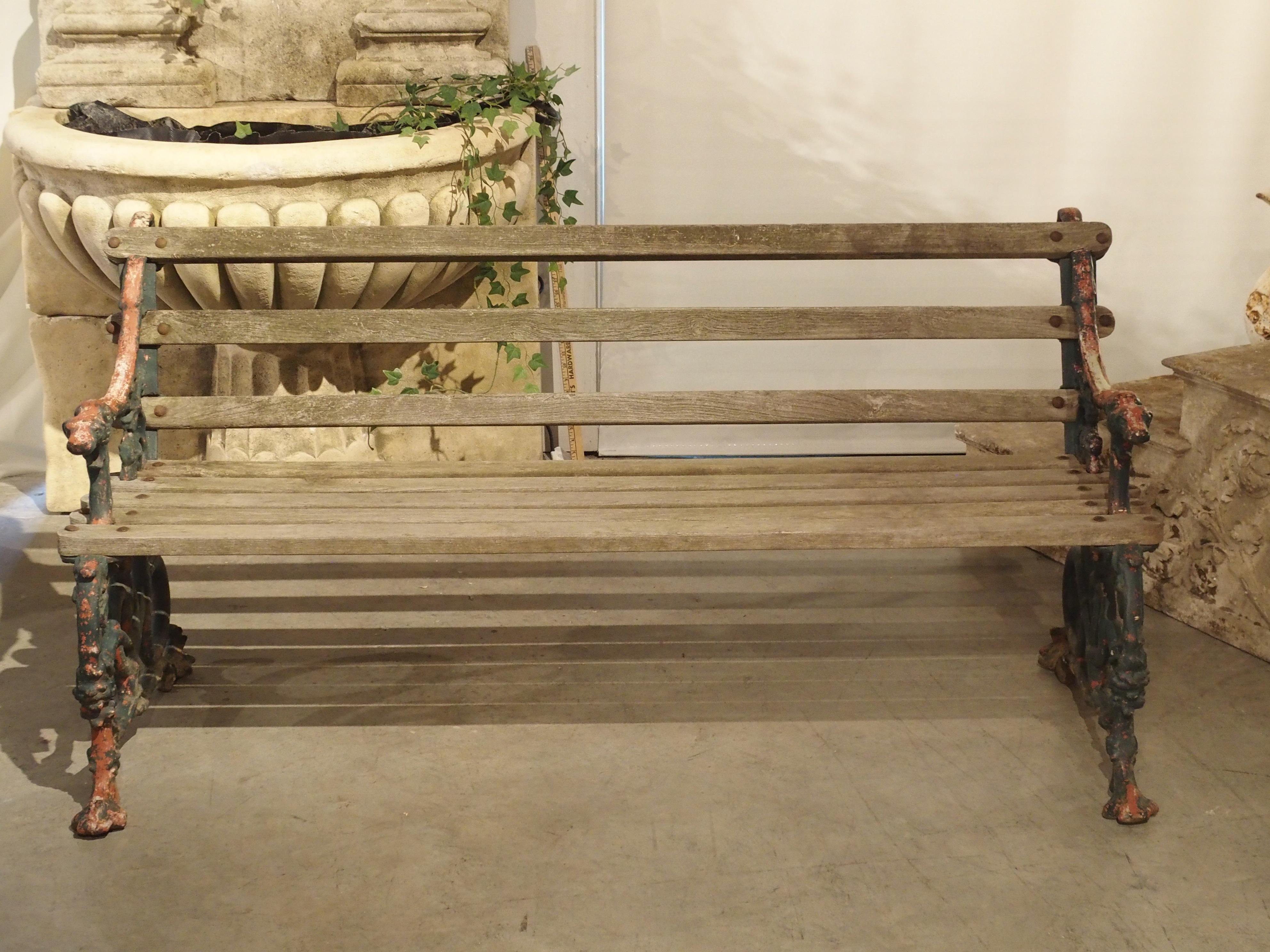 Early 1900s Cast Iron and Wood Bench with Dog Head and Serpent Supports 11