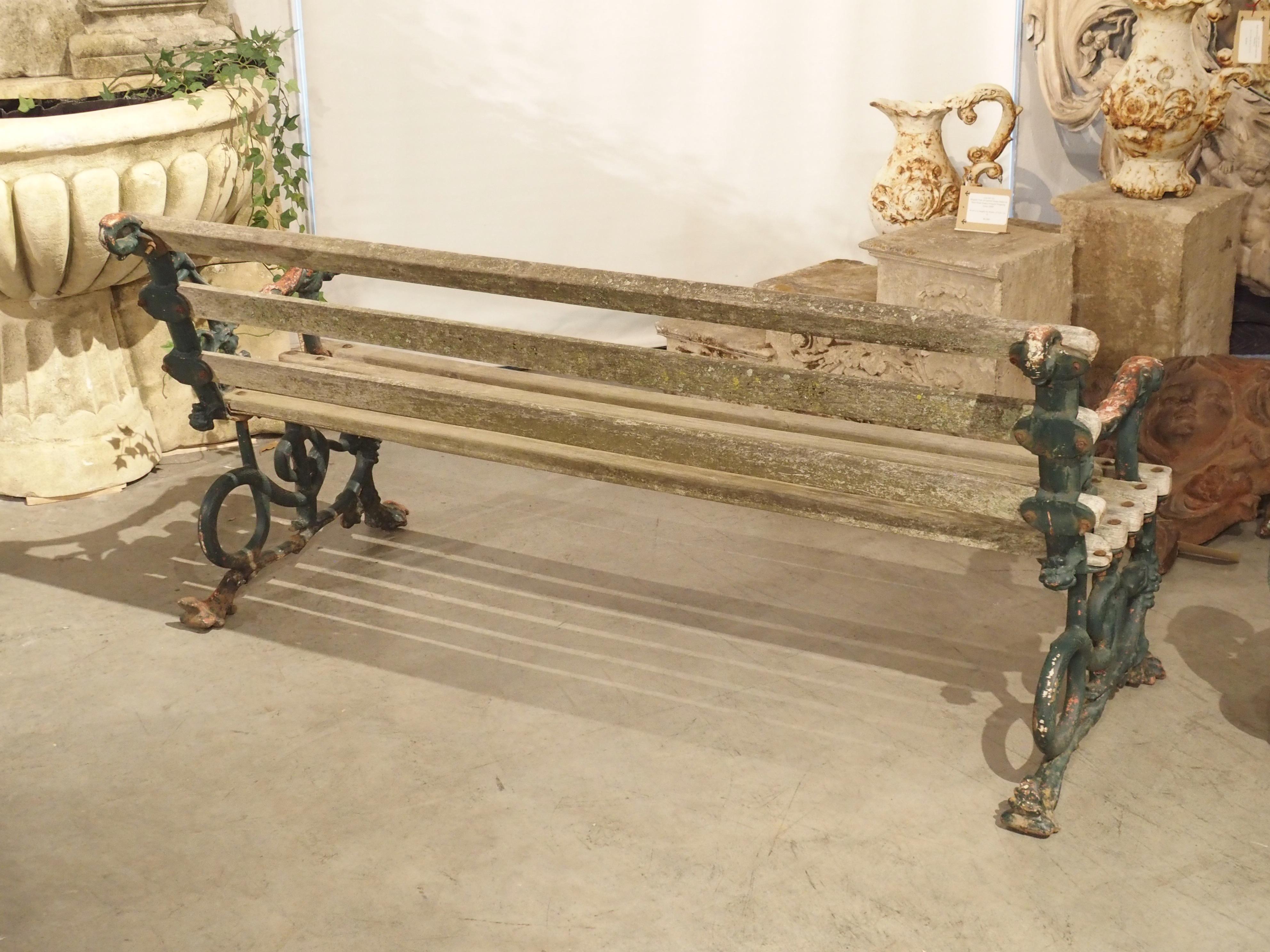 Early 1900s Cast Iron and Wood Bench with Dog Head and Serpent Supports 12