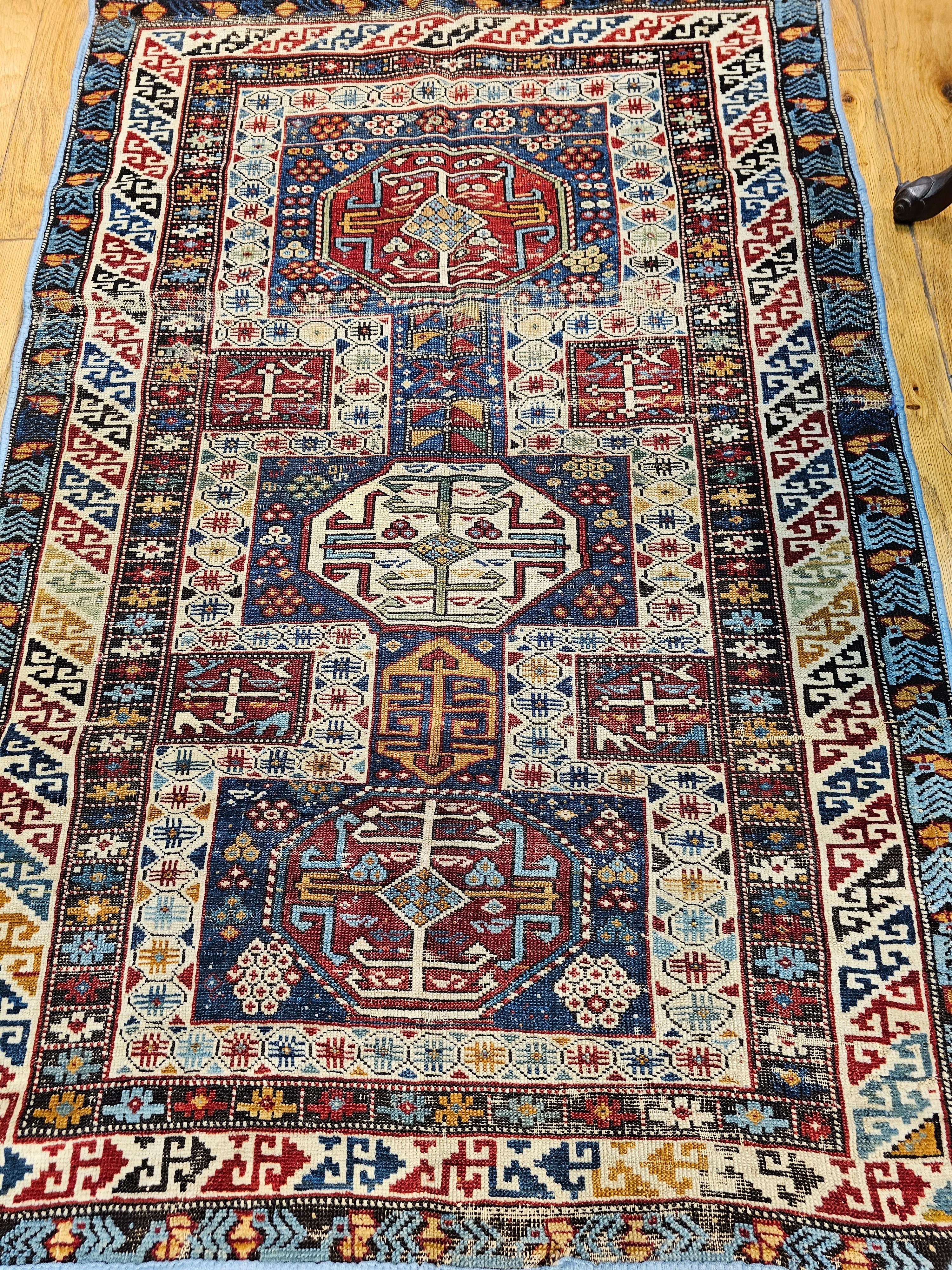  Early 1900s Caucasian Kuba Area Rug in French Blue, Red, Ivory, Yellow For Sale 1