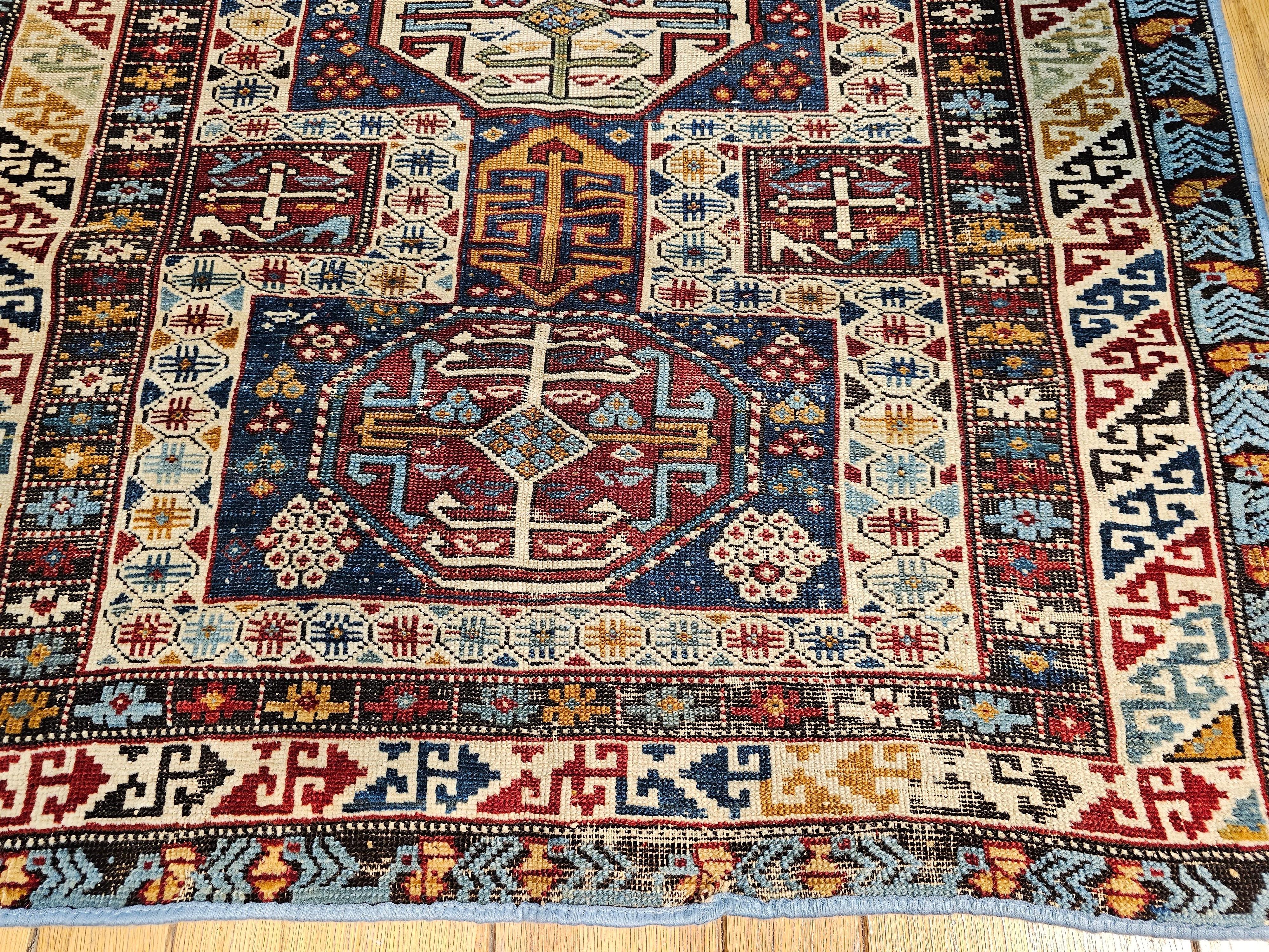  Early 1900s Caucasian Kuba Area Rug in French Blue, Red, Ivory, Yellow For Sale 2