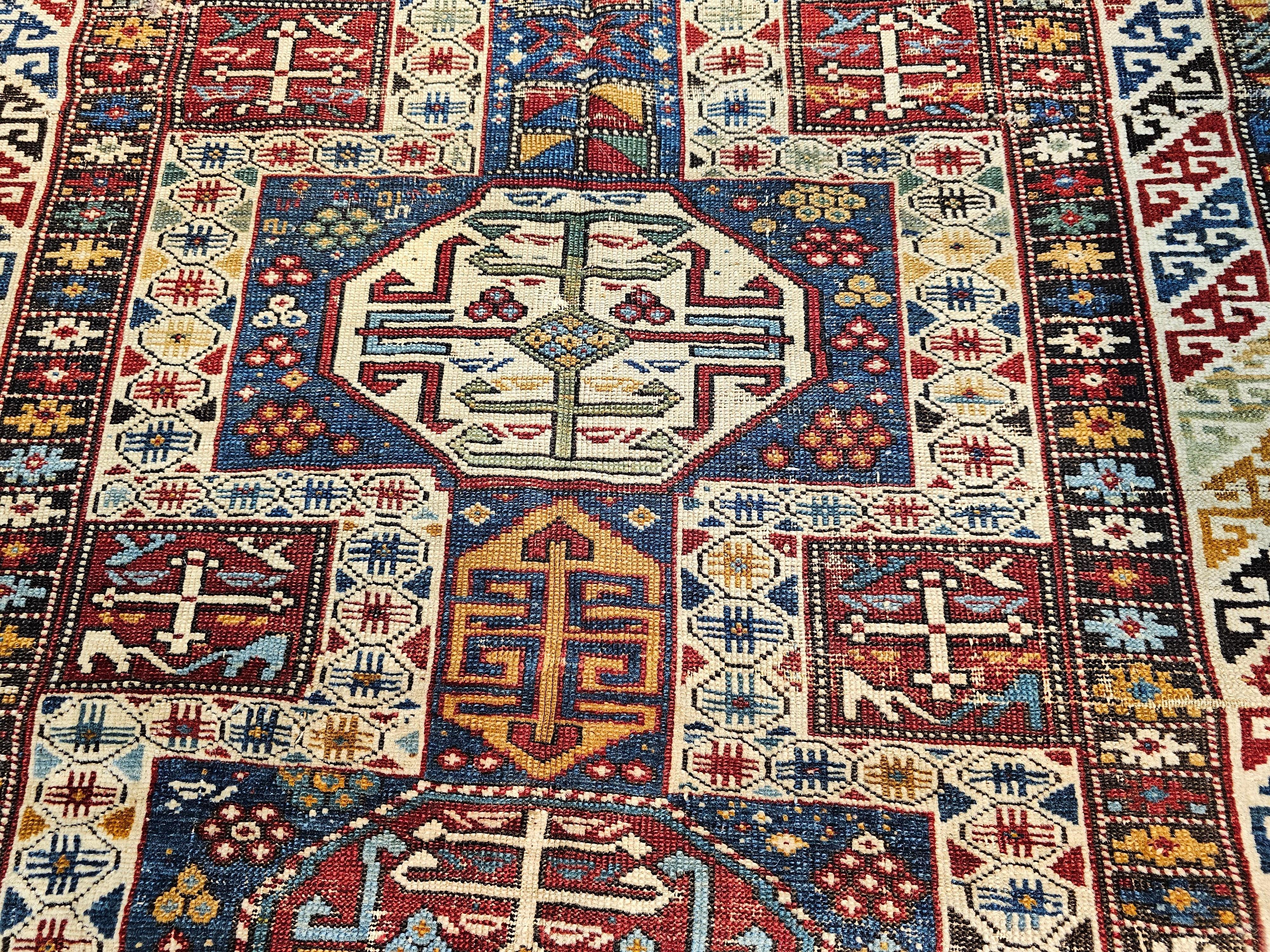  Early 1900s Caucasian Kuba Area Rug in French Blue, Red, Ivory, Yellow For Sale 3