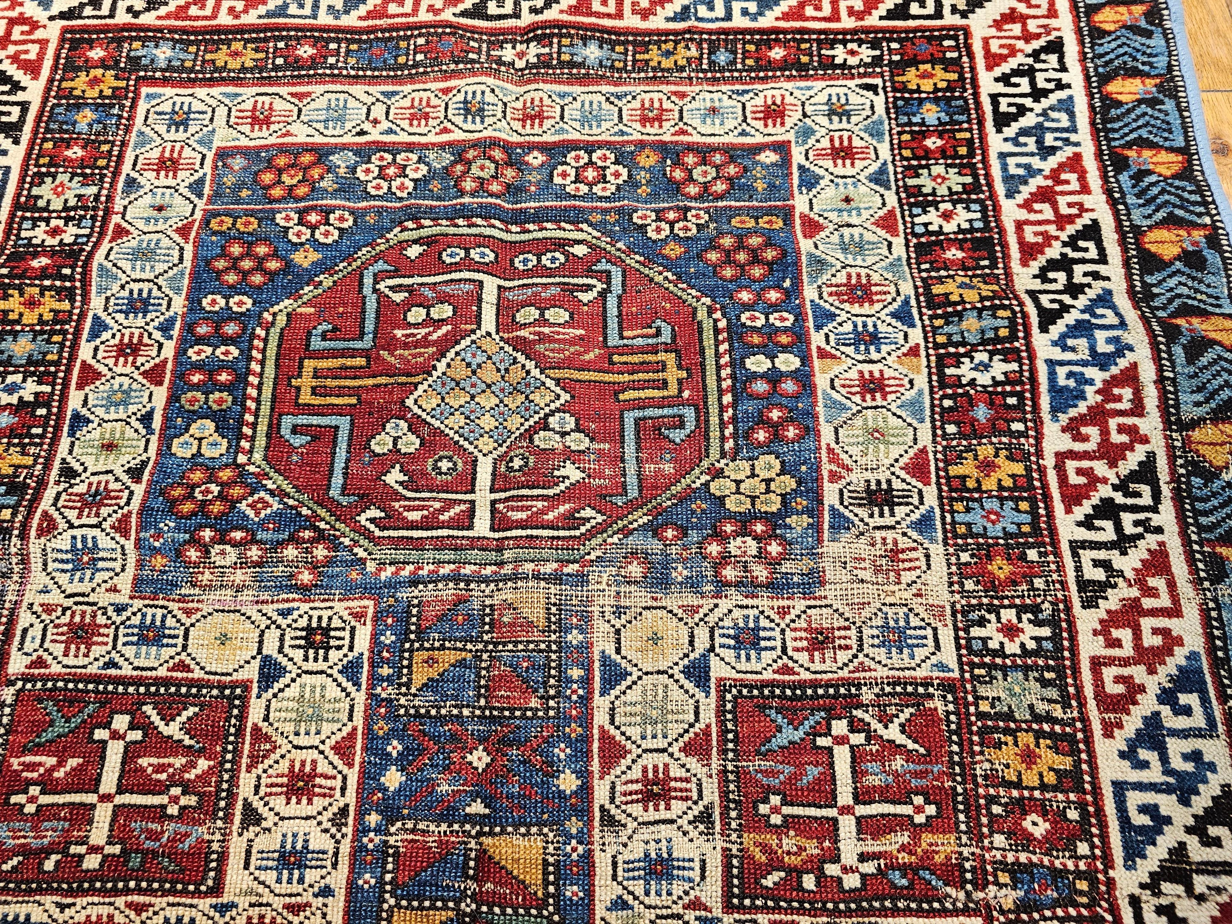  Early 1900s Caucasian Kuba Area Rug in French Blue, Red, Ivory, Yellow For Sale 4
