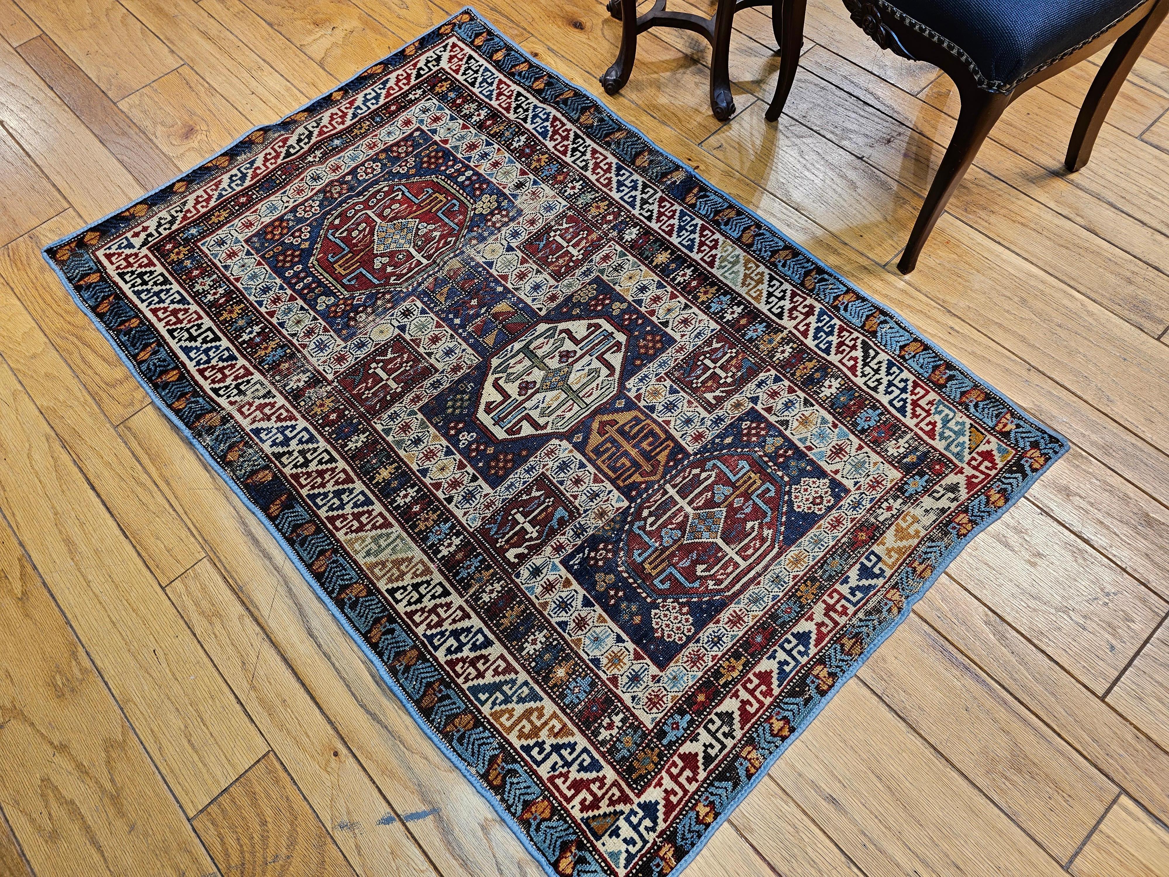  Early 1900s Caucasian Kuba Area Rug in French Blue, Red, Ivory, Yellow For Sale 5