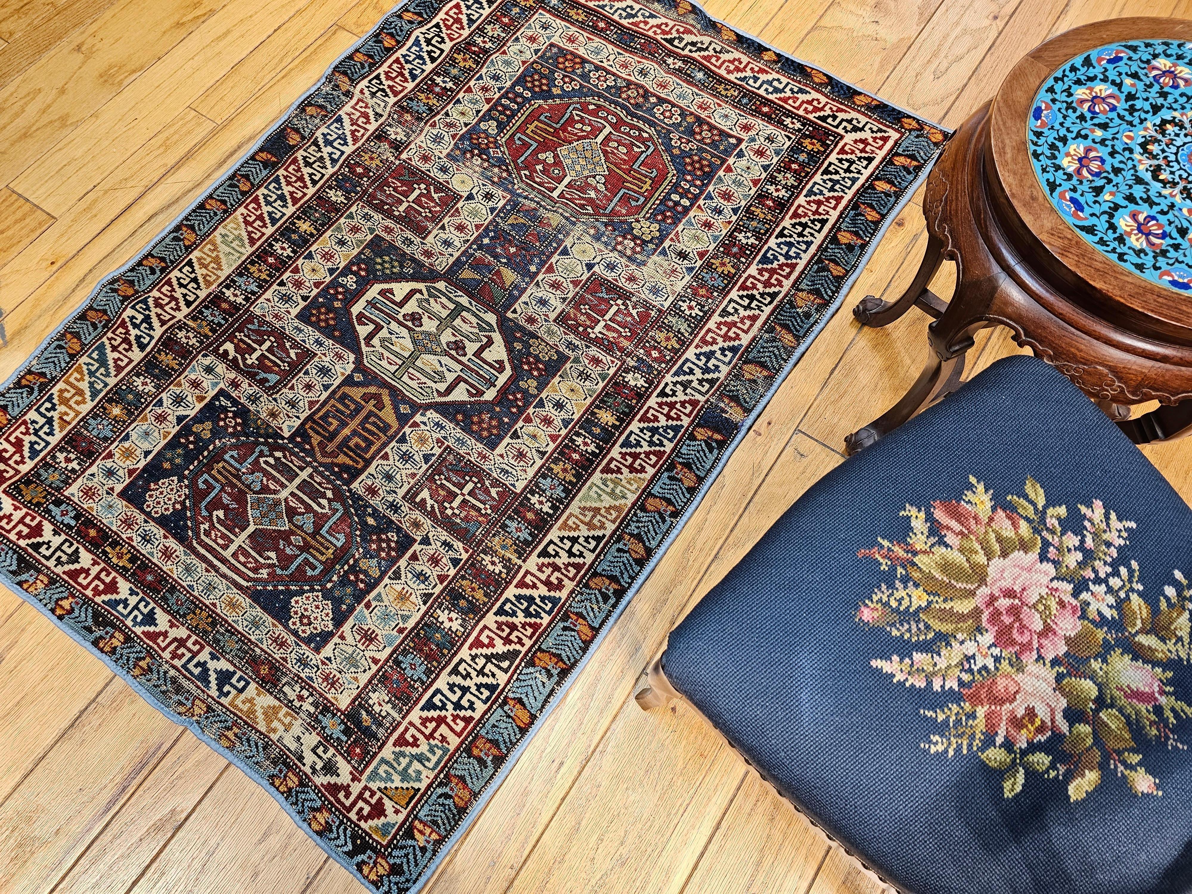  Early 1900s Caucasian Kuba Area Rug in French Blue, Red, Ivory, Yellow For Sale 6