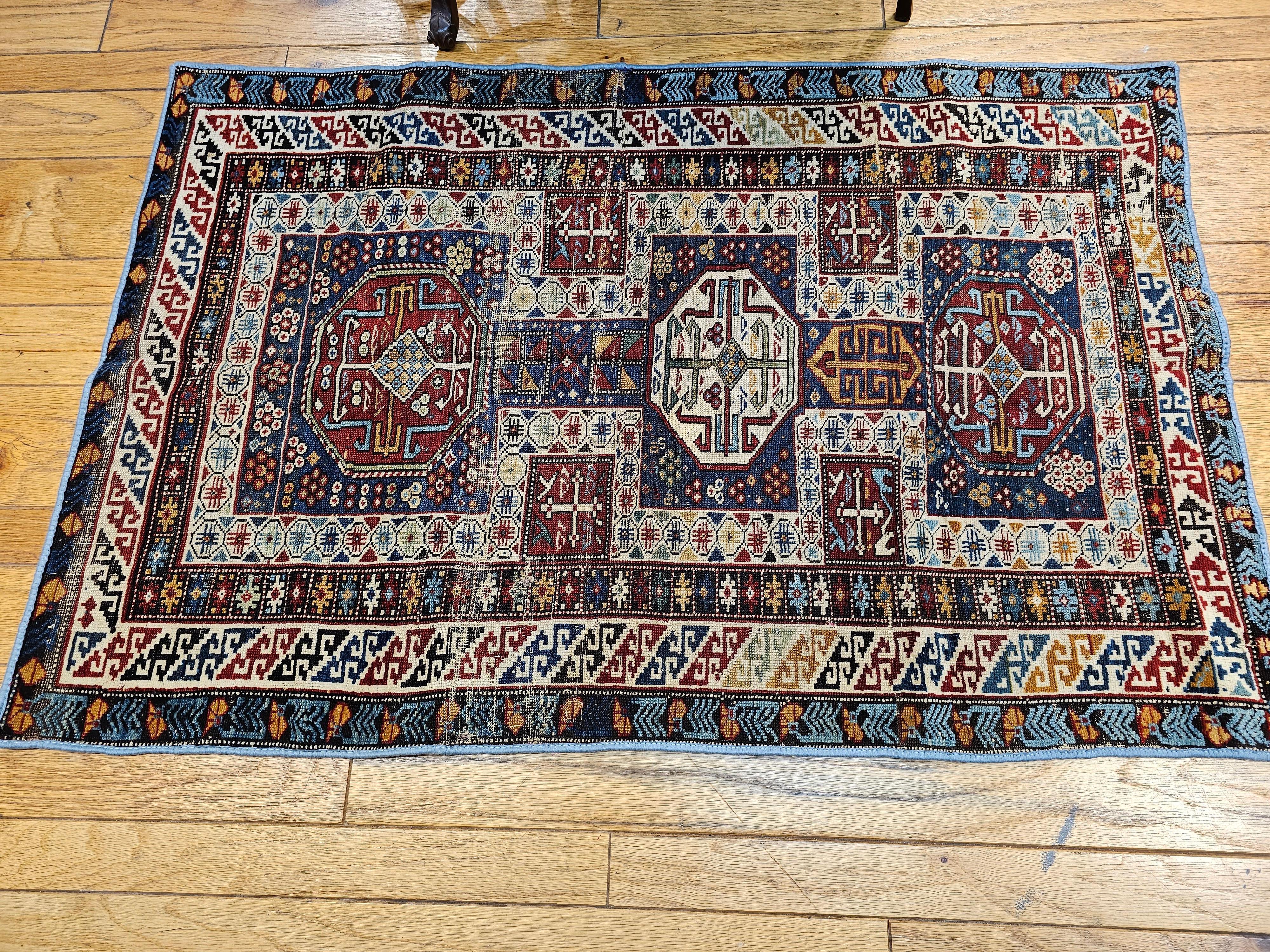  Early 1900s Caucasian Kuba Area Rug in French Blue, Red, Ivory, Yellow For Sale 7