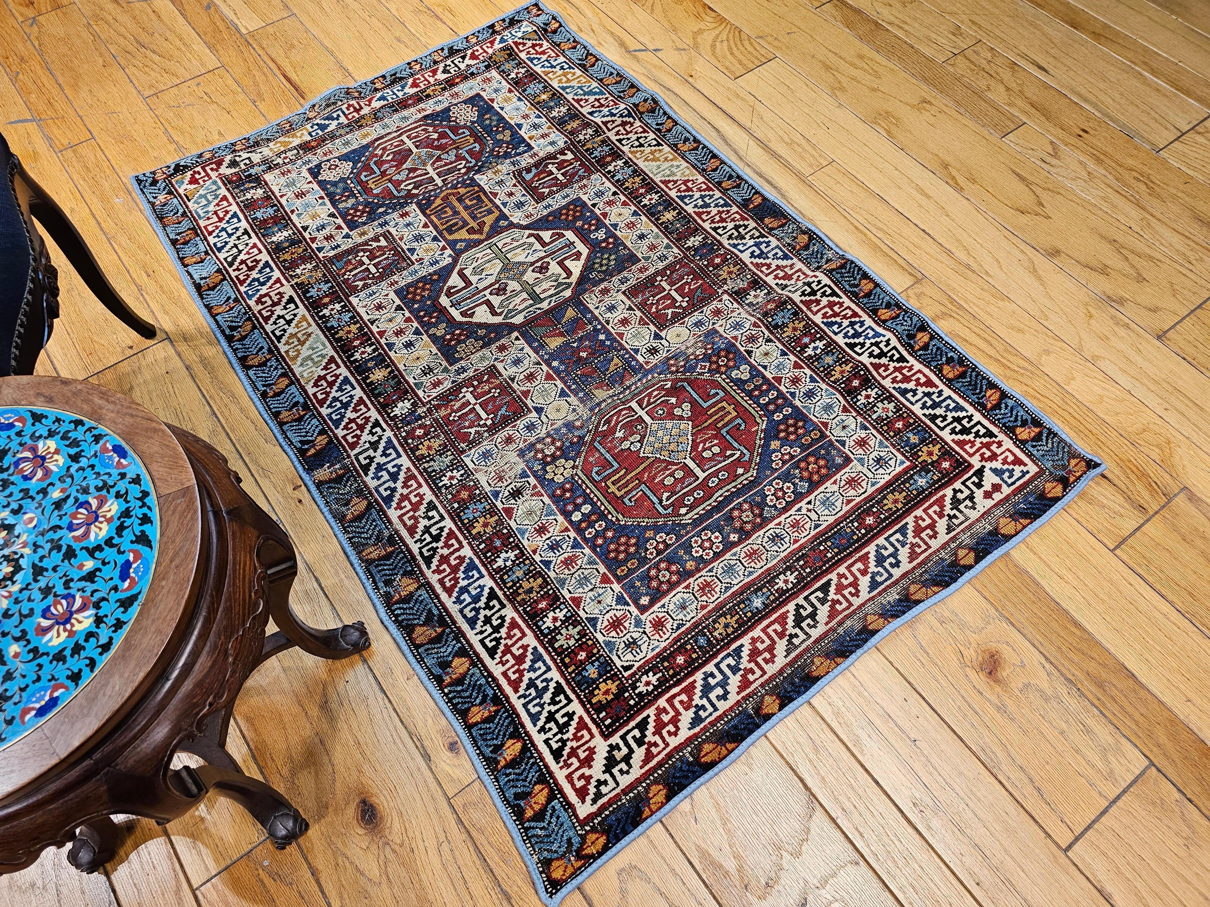 Early 1900s Caucasian Kuba Area Rug in French Blue, Red, Ivory, Yellow For Sale 8