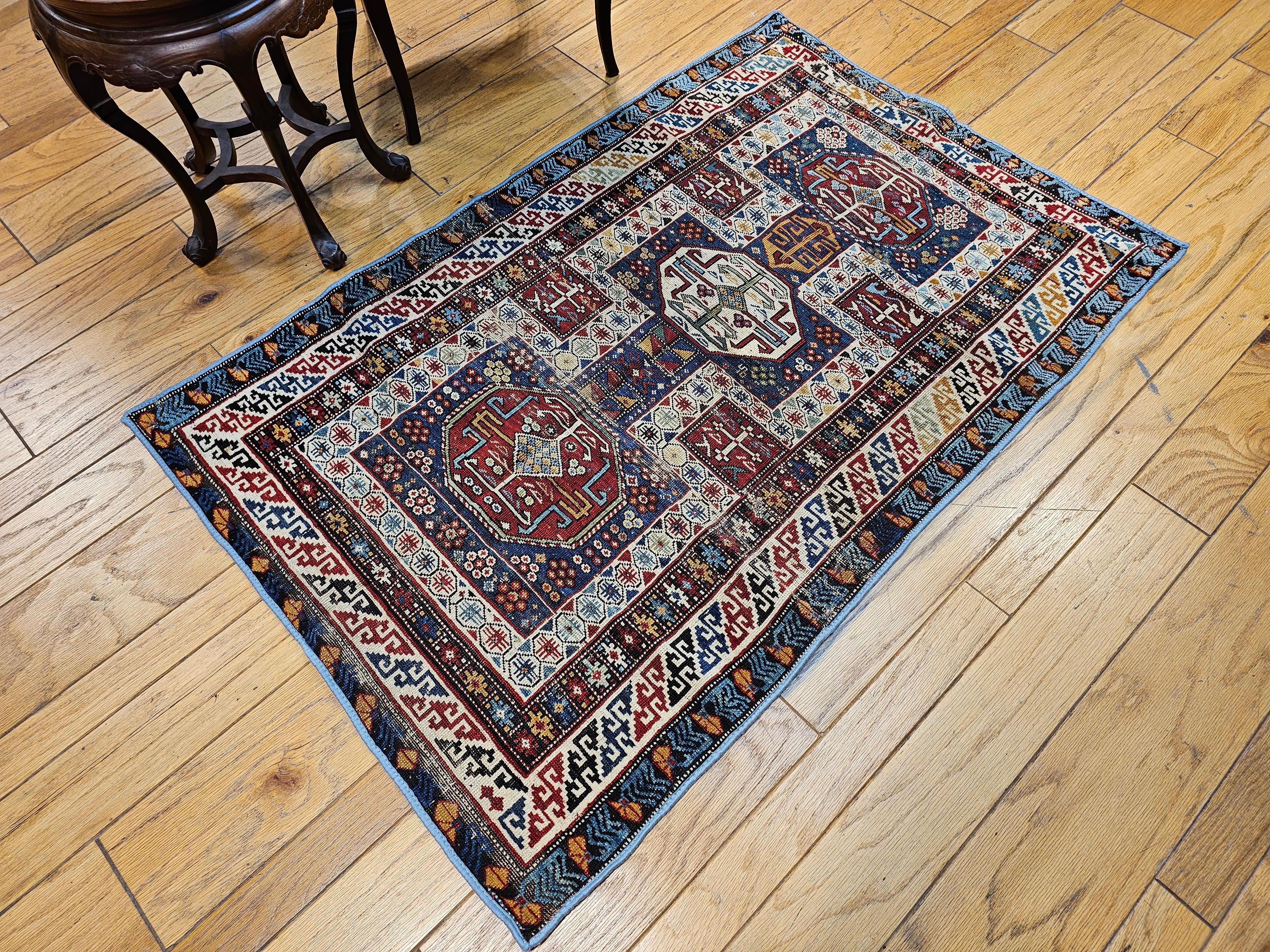  Early 1900s Caucasian Kuba Area Rug in French Blue, Red, Ivory, Yellow For Sale 9