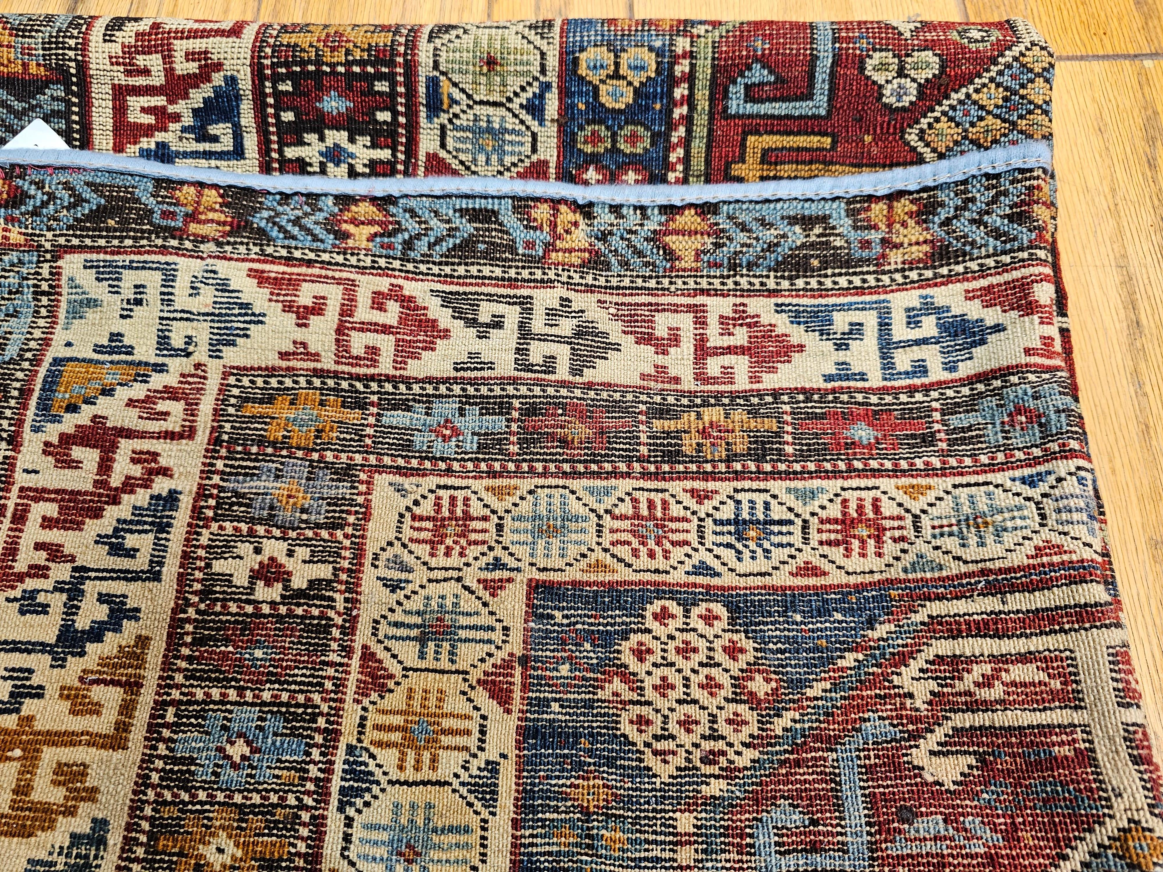  Early 1900s Caucasian Kuba Area Rug in French Blue, Red, Ivory, Yellow For Sale 10