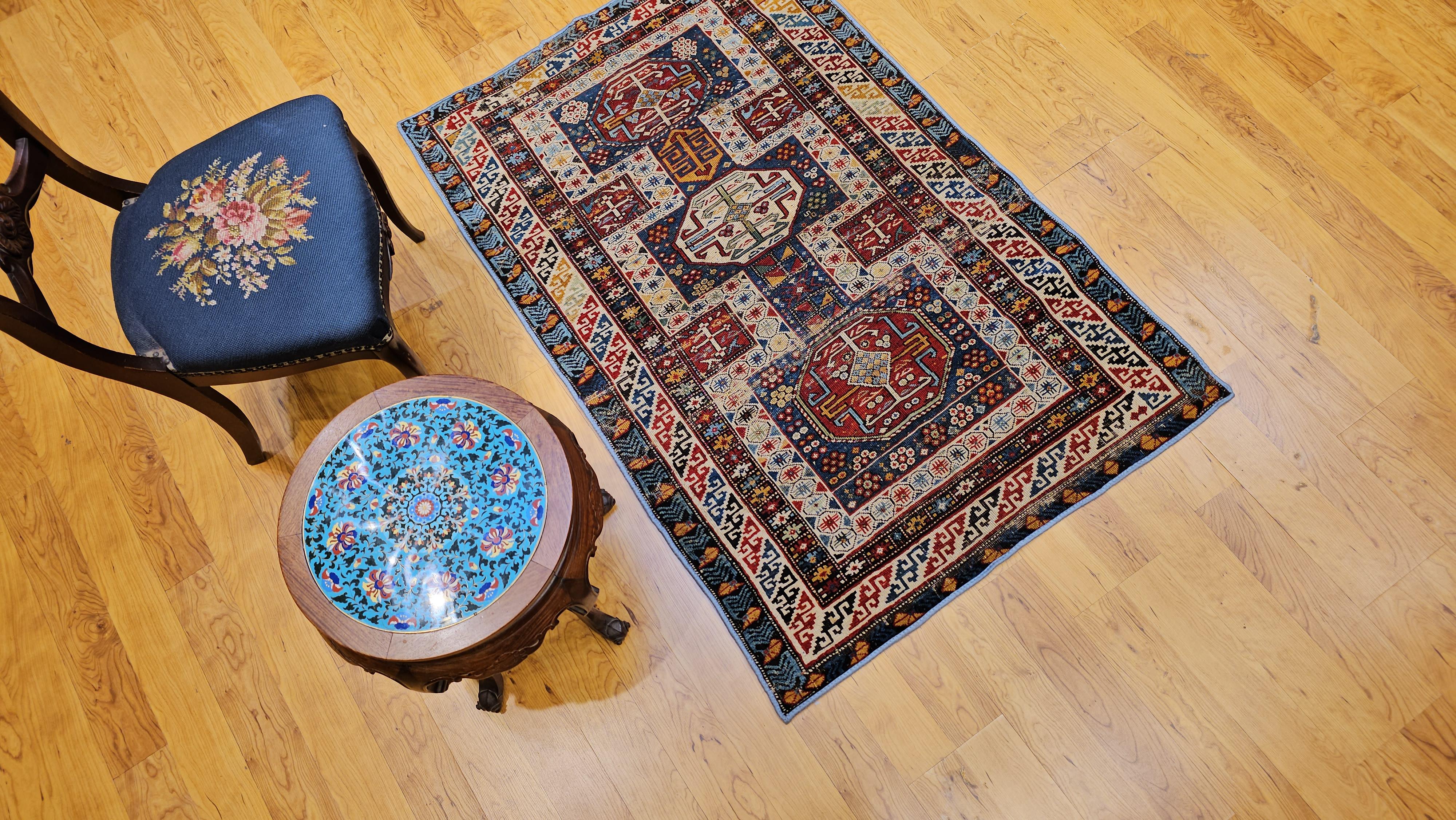 Early 1900s Caucasian Kuba Area Rug in French Blue, Red, Ivory, Yellow For Sale 1