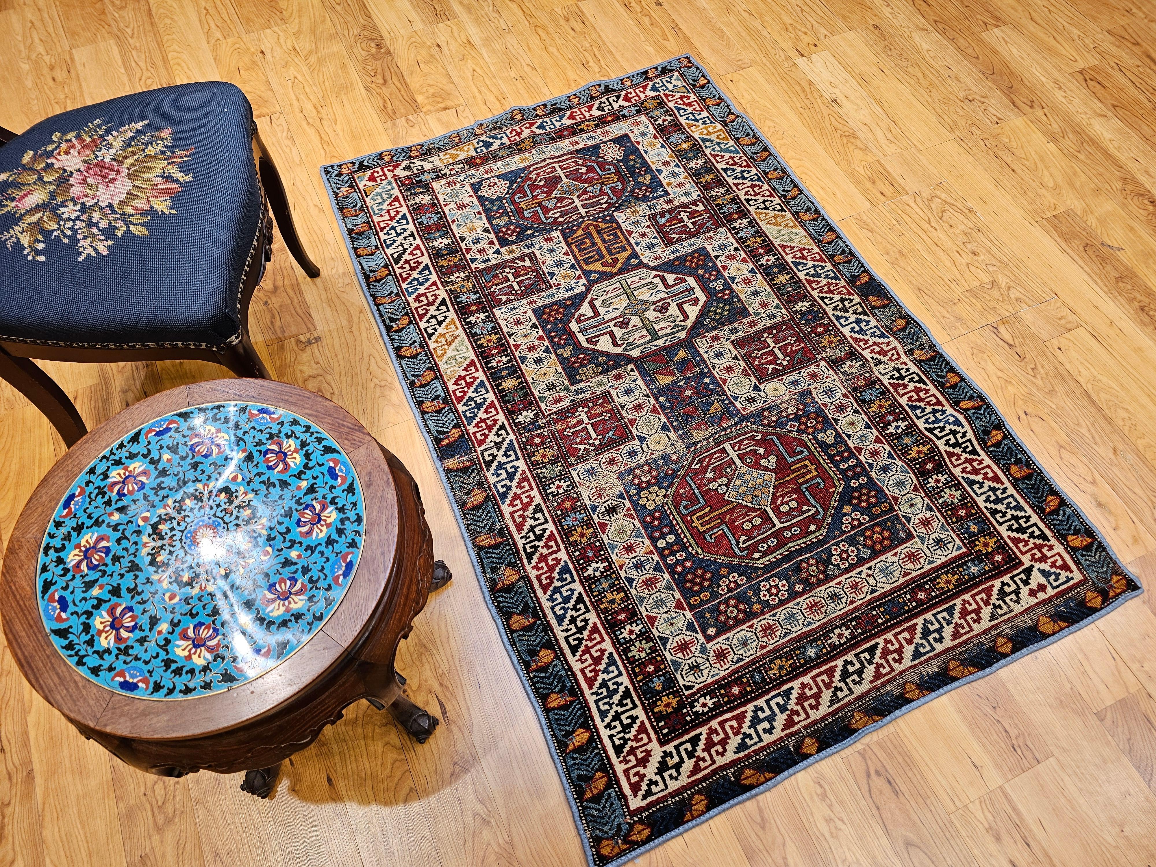 Early 1900s Caucasian Kuba Area Rug in French Blue, Red, Ivory, Yellow For Sale 2