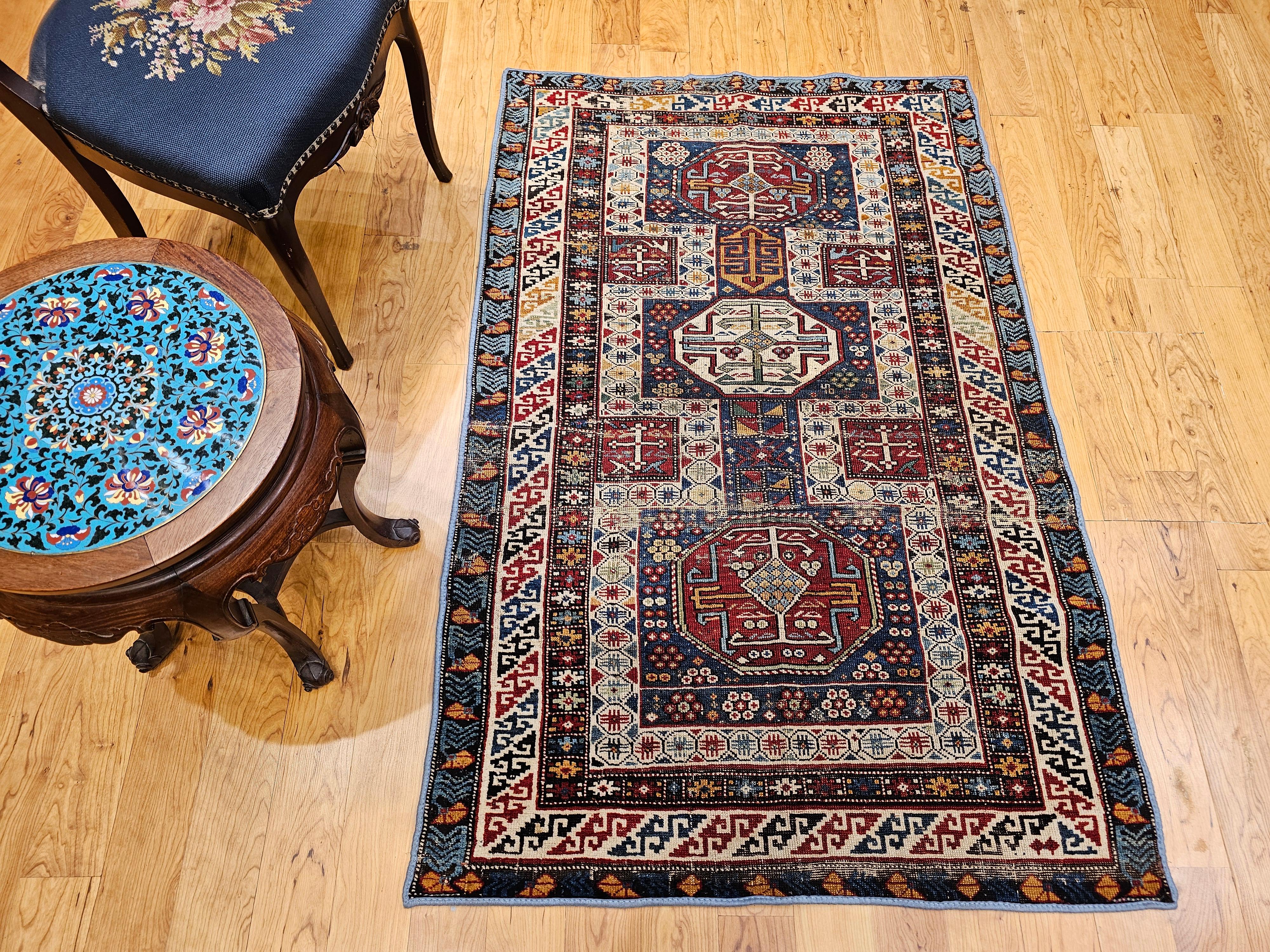 Early 1900s Caucasian Kuba Area Rug in French Blue, Red, Ivory, Yellow For Sale 3