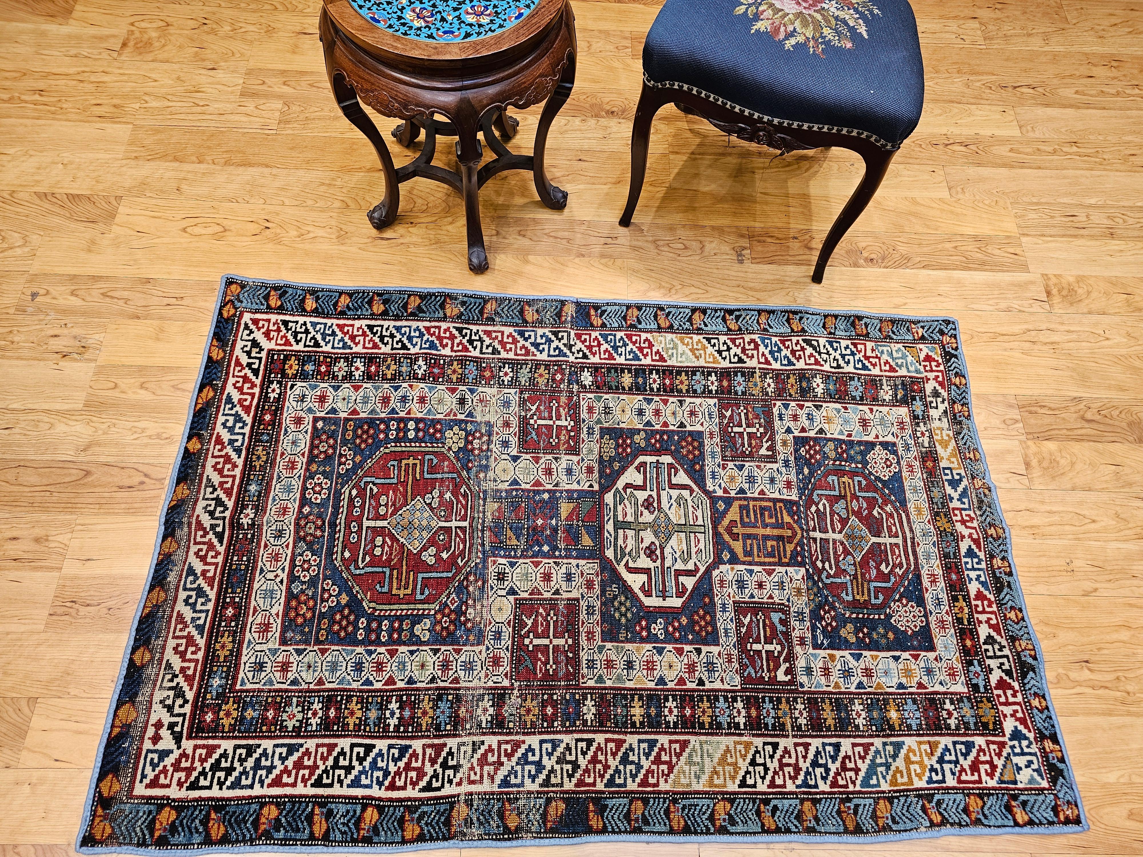 Early 1900s Caucasian Kuba Area Rug in French Blue, Red, Ivory, Yellow For Sale 5