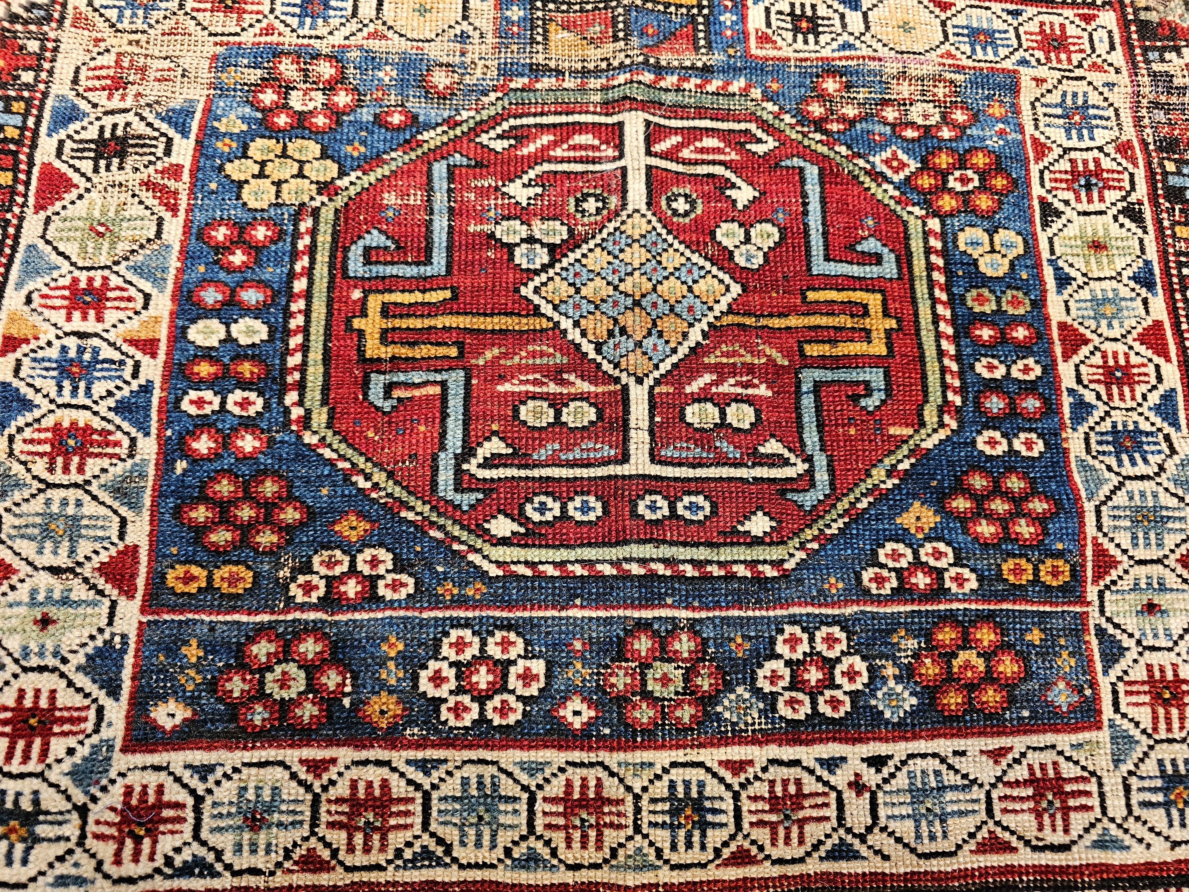 Early 1900s Caucasian Kuba Area Rug in French Blue, Red, Ivory, Yellow In Good Condition For Sale In Barrington, IL