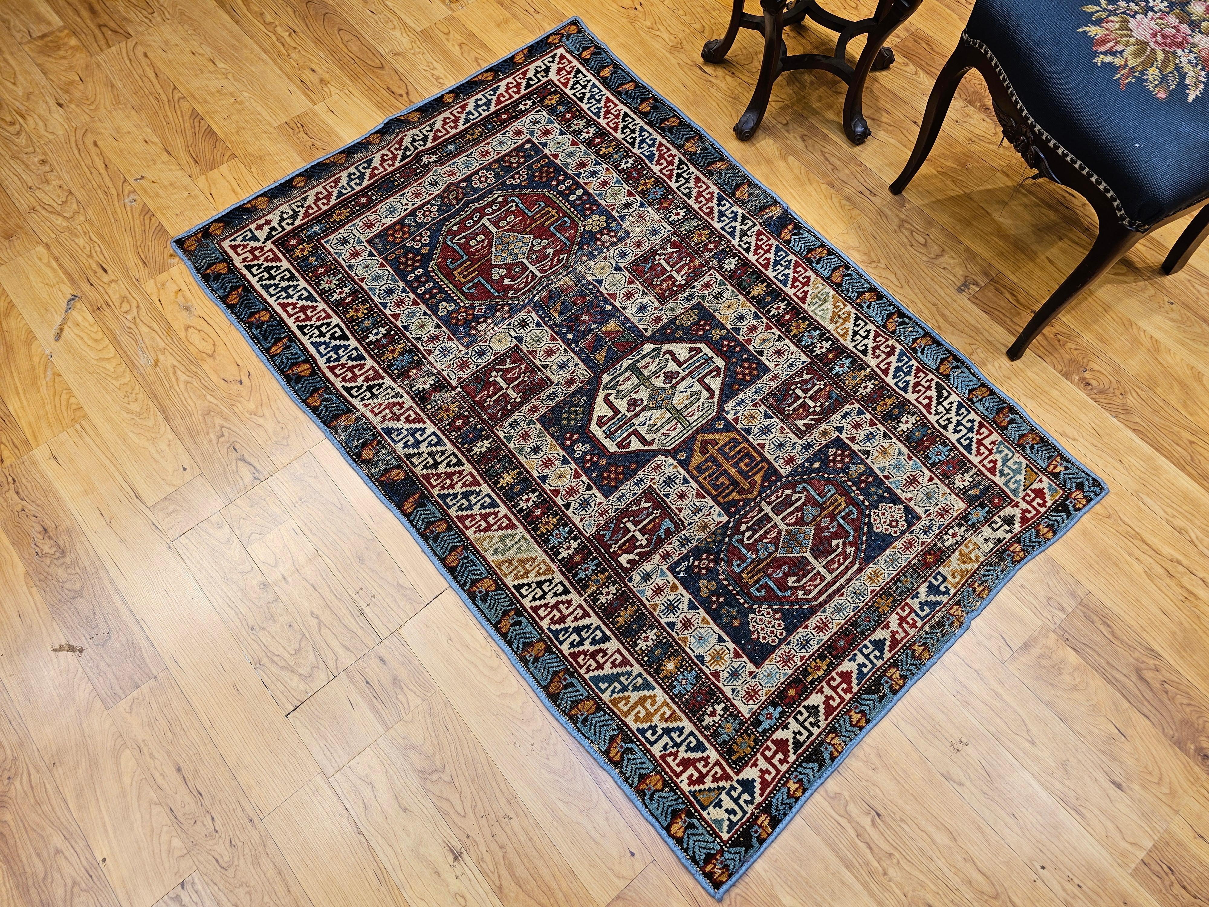 Early 1900s Caucasian Kuba Area Rug in French Blue, Red, Ivory, Yellow For Sale 6