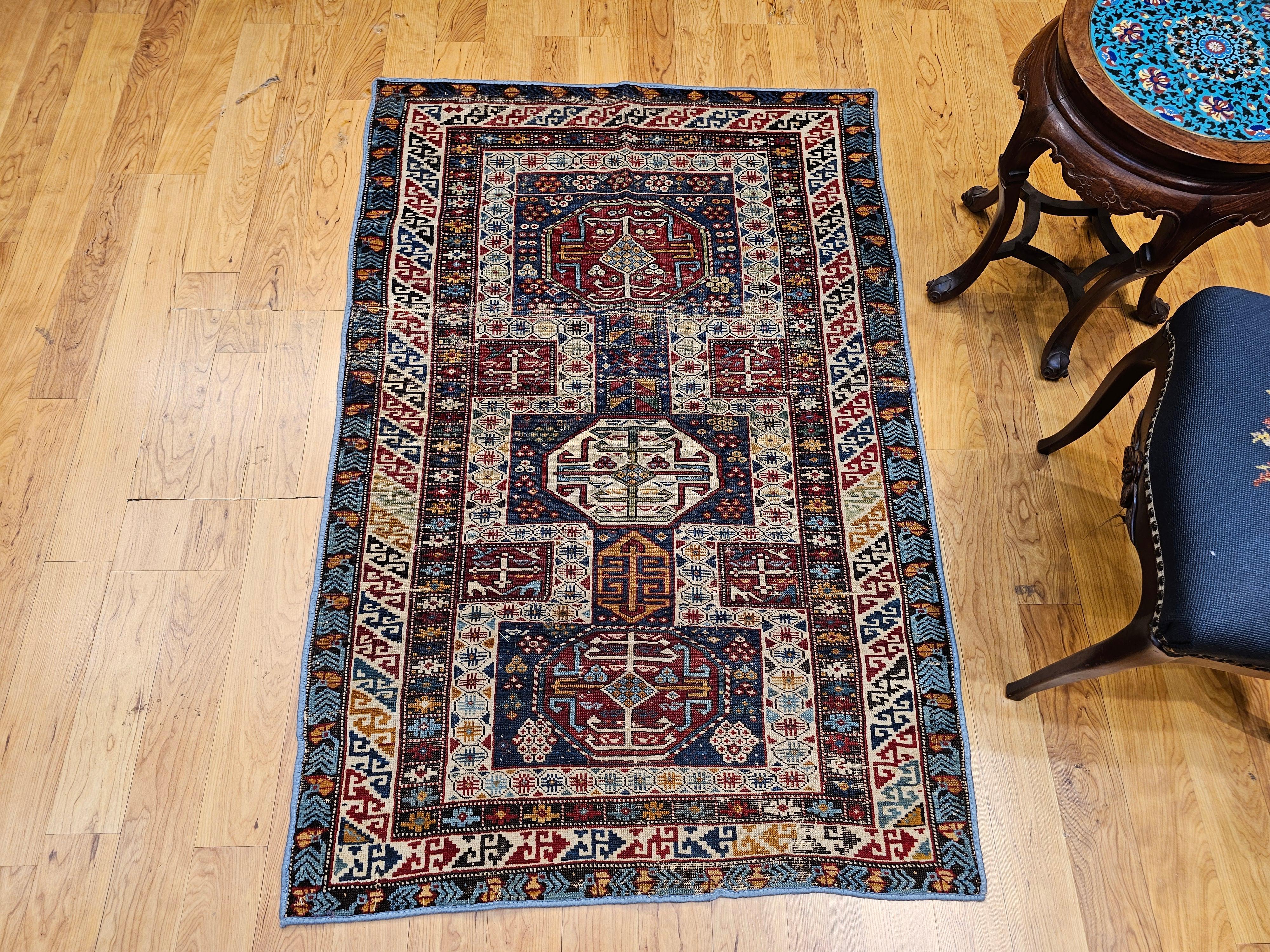 Early 1900s Caucasian Kuba Area Rug in French Blue, Red, Ivory, Yellow For Sale 7