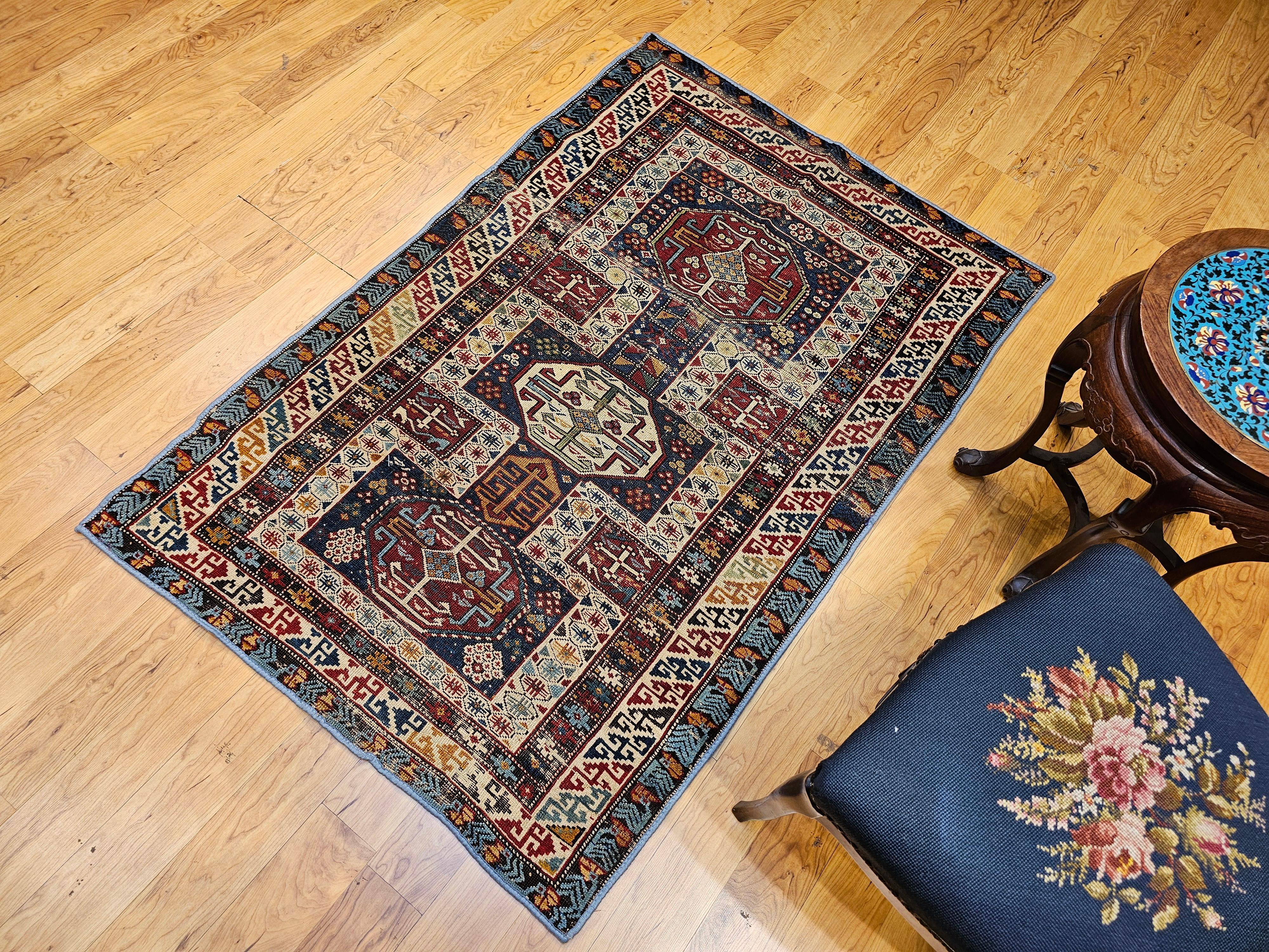 Early 1900s Caucasian Kuba Area Rug in French Blue, Red, Ivory, Yellow For Sale 8