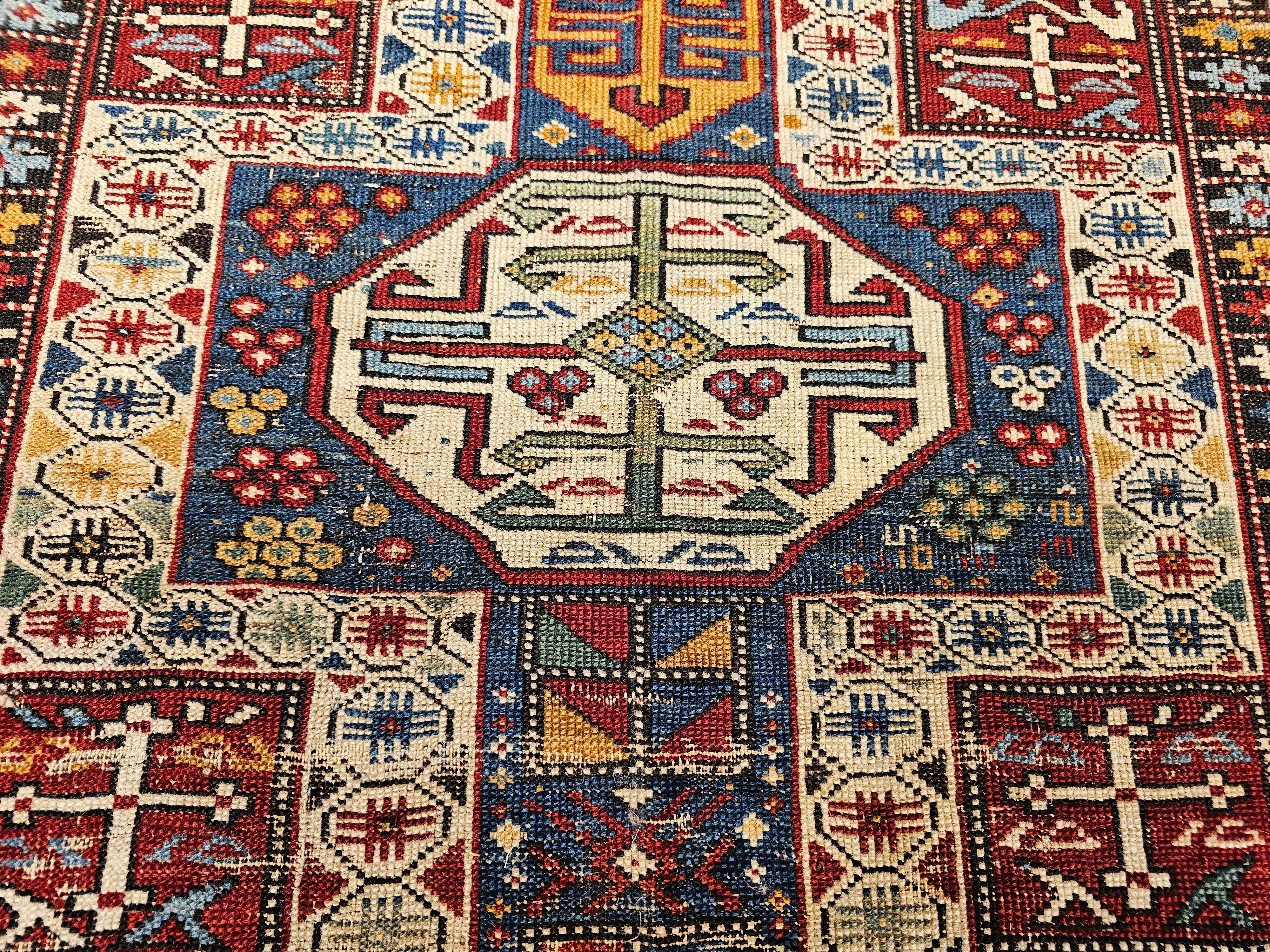 Vegetable Dyed Early 1900s Caucasian Kuba Area Rug in French Blue, Red, Ivory, Yellow For Sale