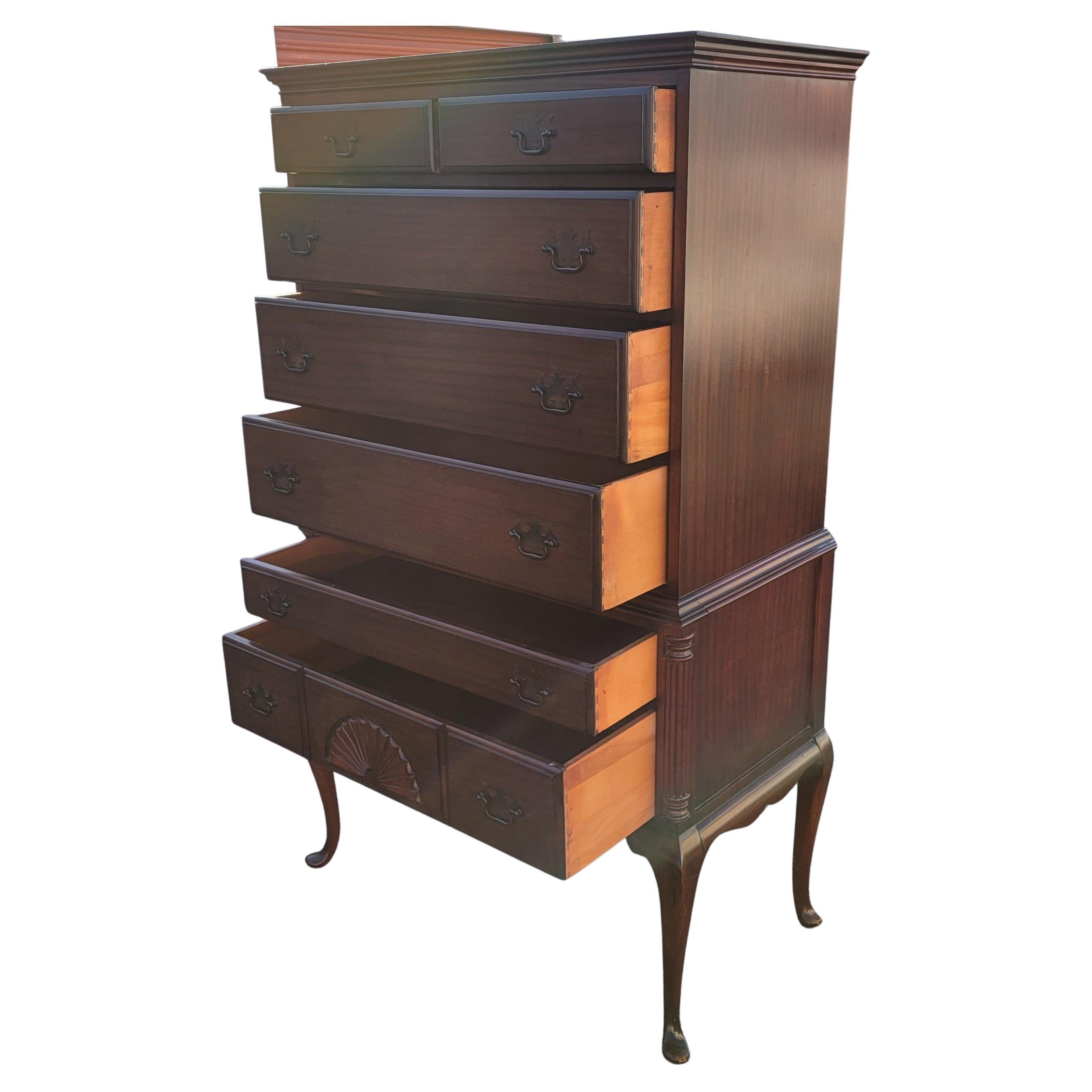 Hand-Carved Early 1900's Chippendale Mahogany Highboy Chest of Drawers For Sale