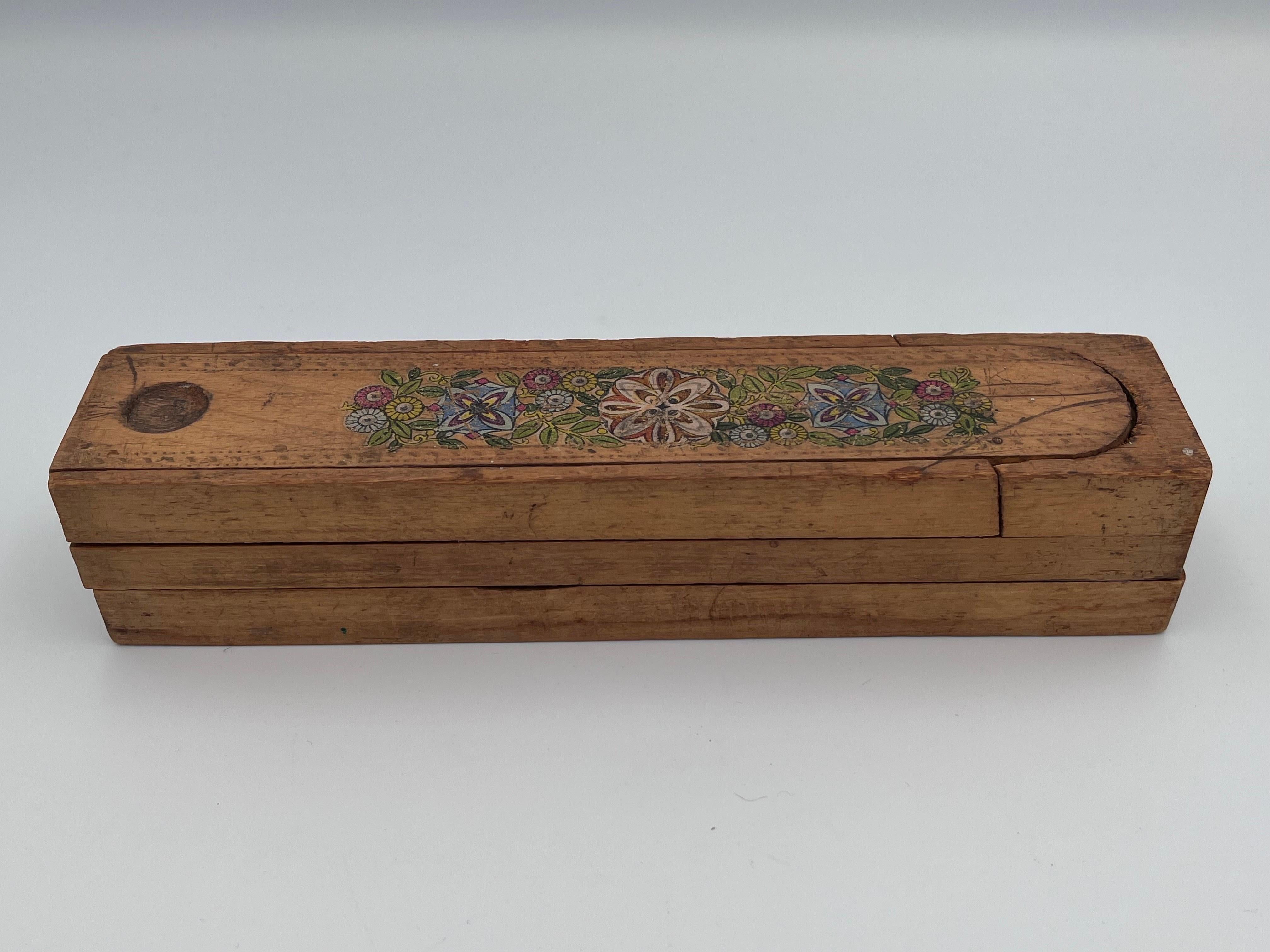 Folk Art Early 1900's Decorated Child's Pencil Box with Multiple Sliding Compartments For Sale