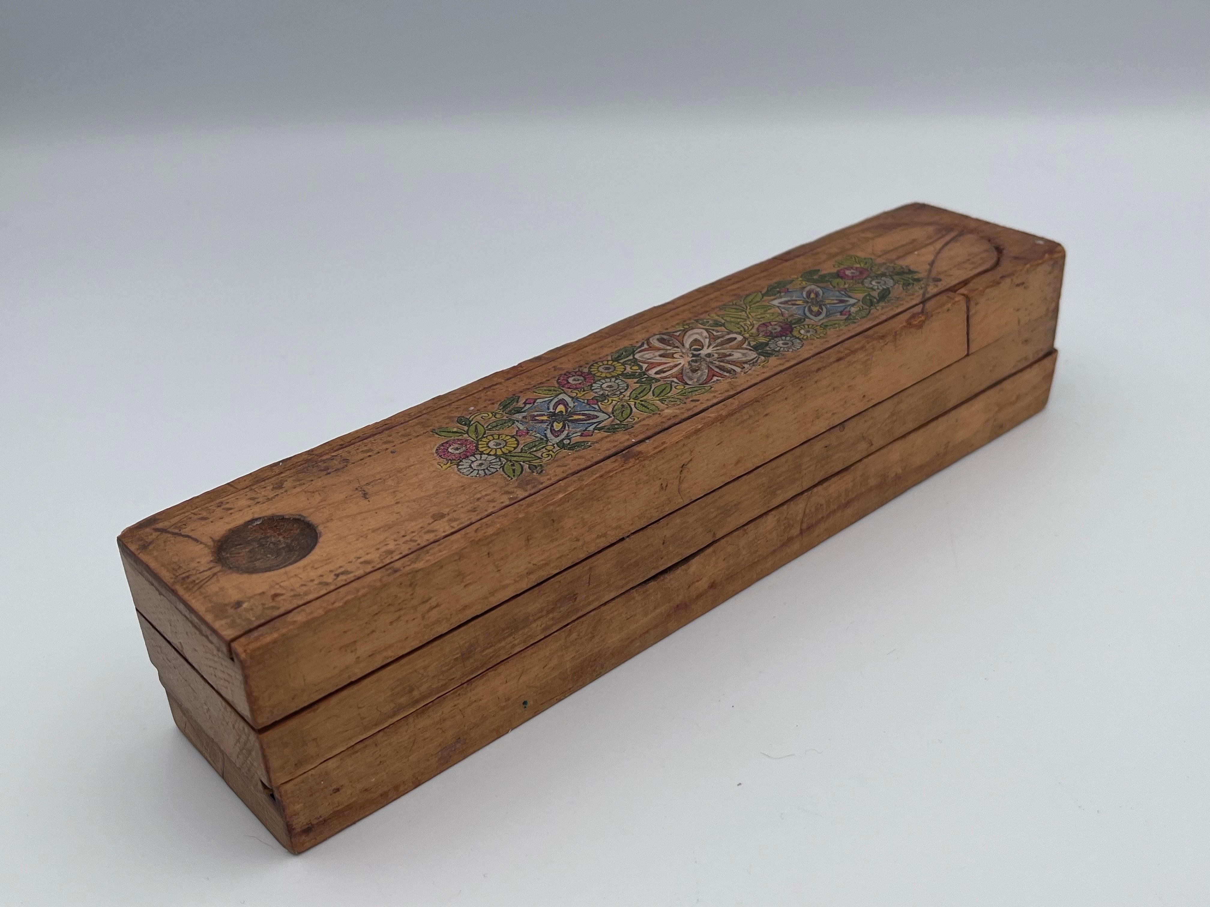 American Early 1900's Decorated Child's Pencil Box with Multiple Sliding Compartments For Sale