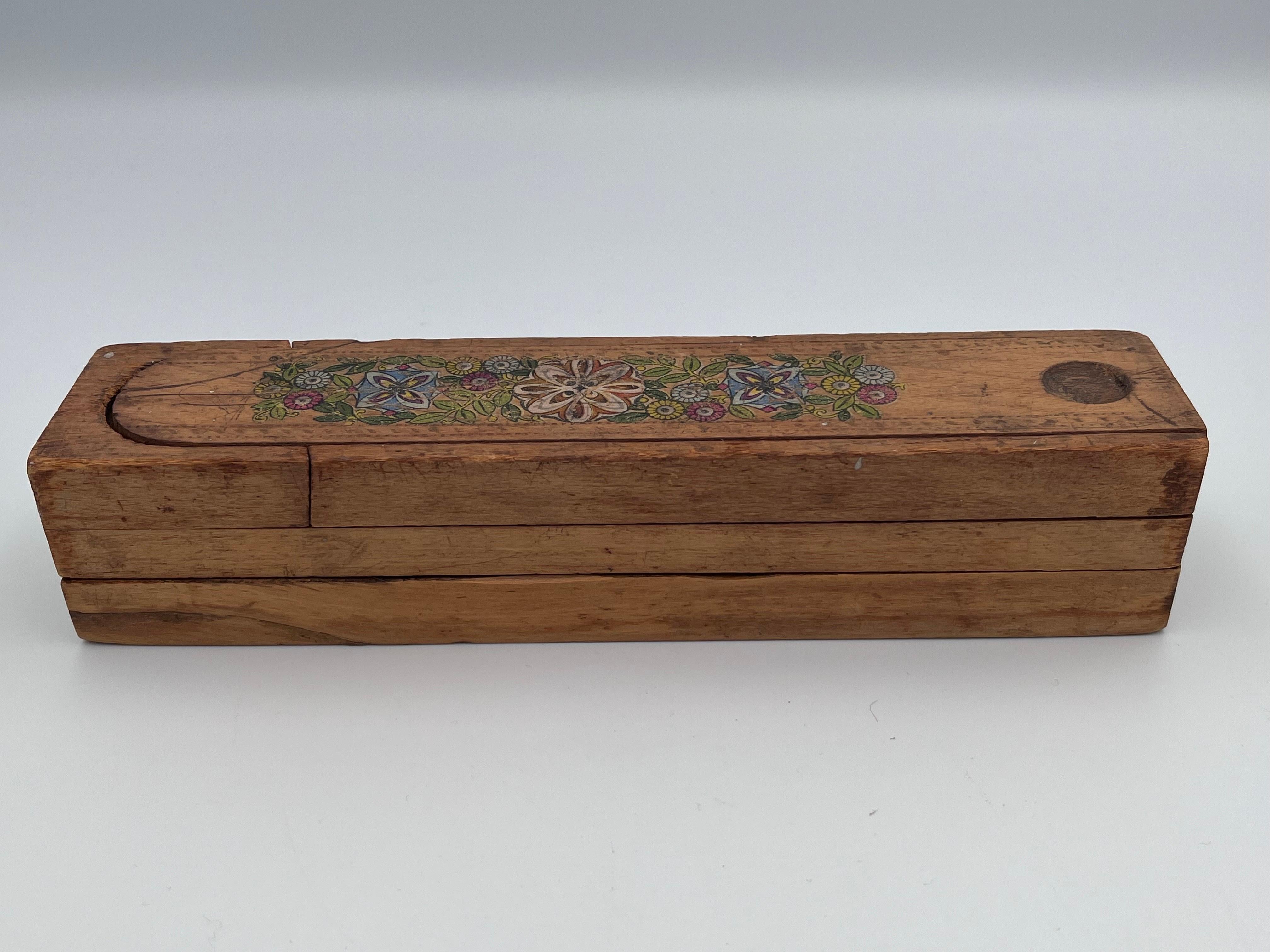 Wood Early 1900's Decorated Child's Pencil Box with Multiple Sliding Compartments For Sale