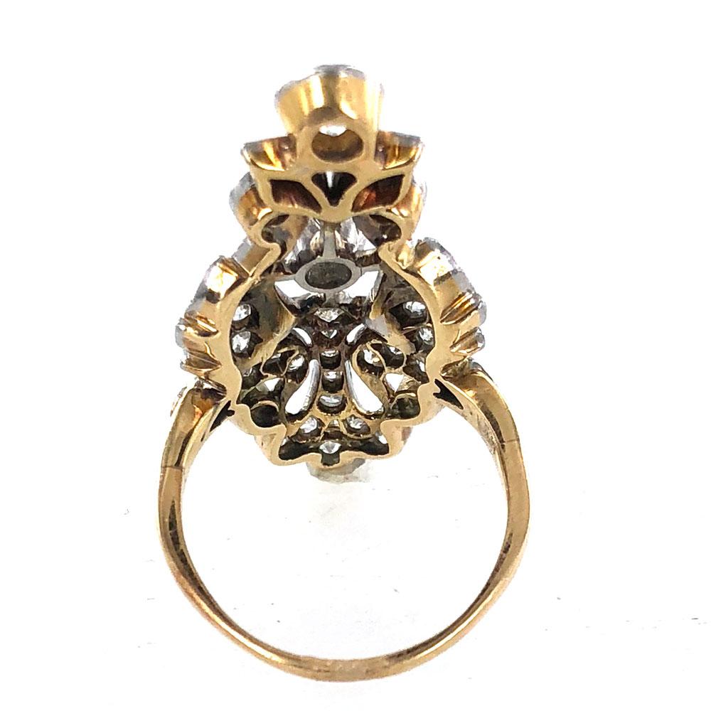 Old Mine Cut Early 1900s Diamond Cocktail Two-Tone Gold Ring