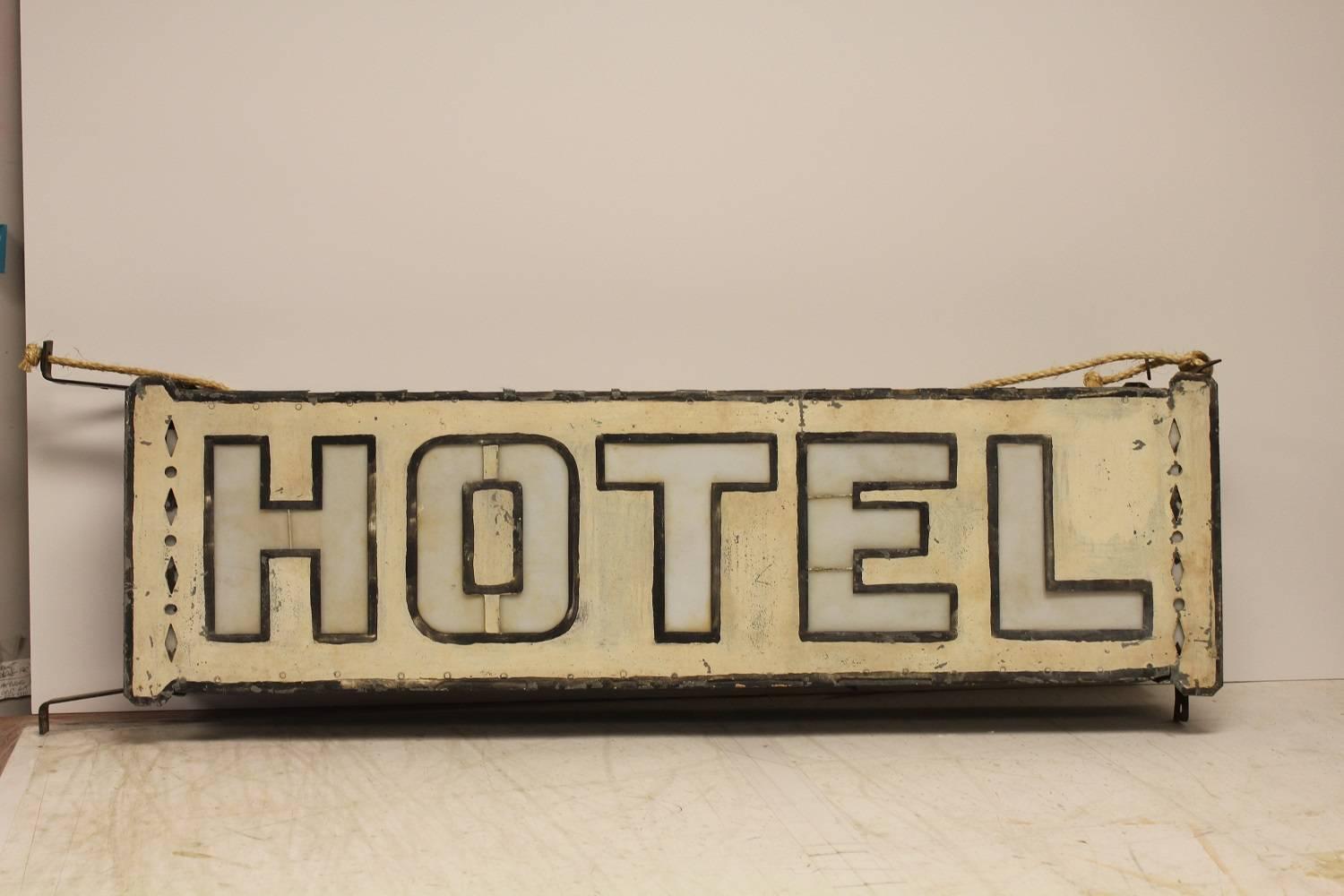 Early 1900s double-sided light up HOTEL sign with milk glass letters. Rewired and in working condition. Original paint.