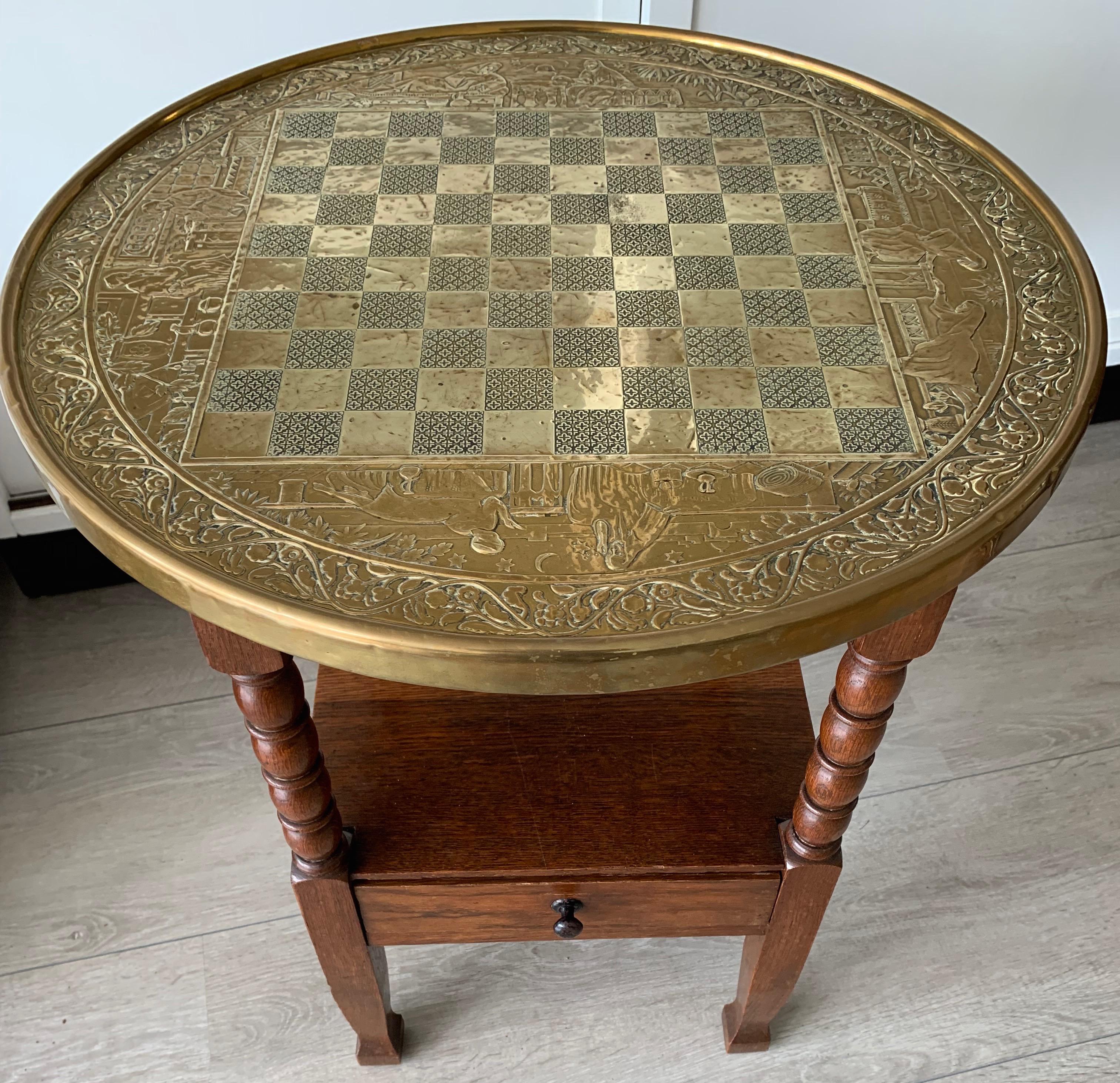 Early 1900s Dutch Arts & Crafts Checkers/Draughts Table with Embossed Brass Top 3