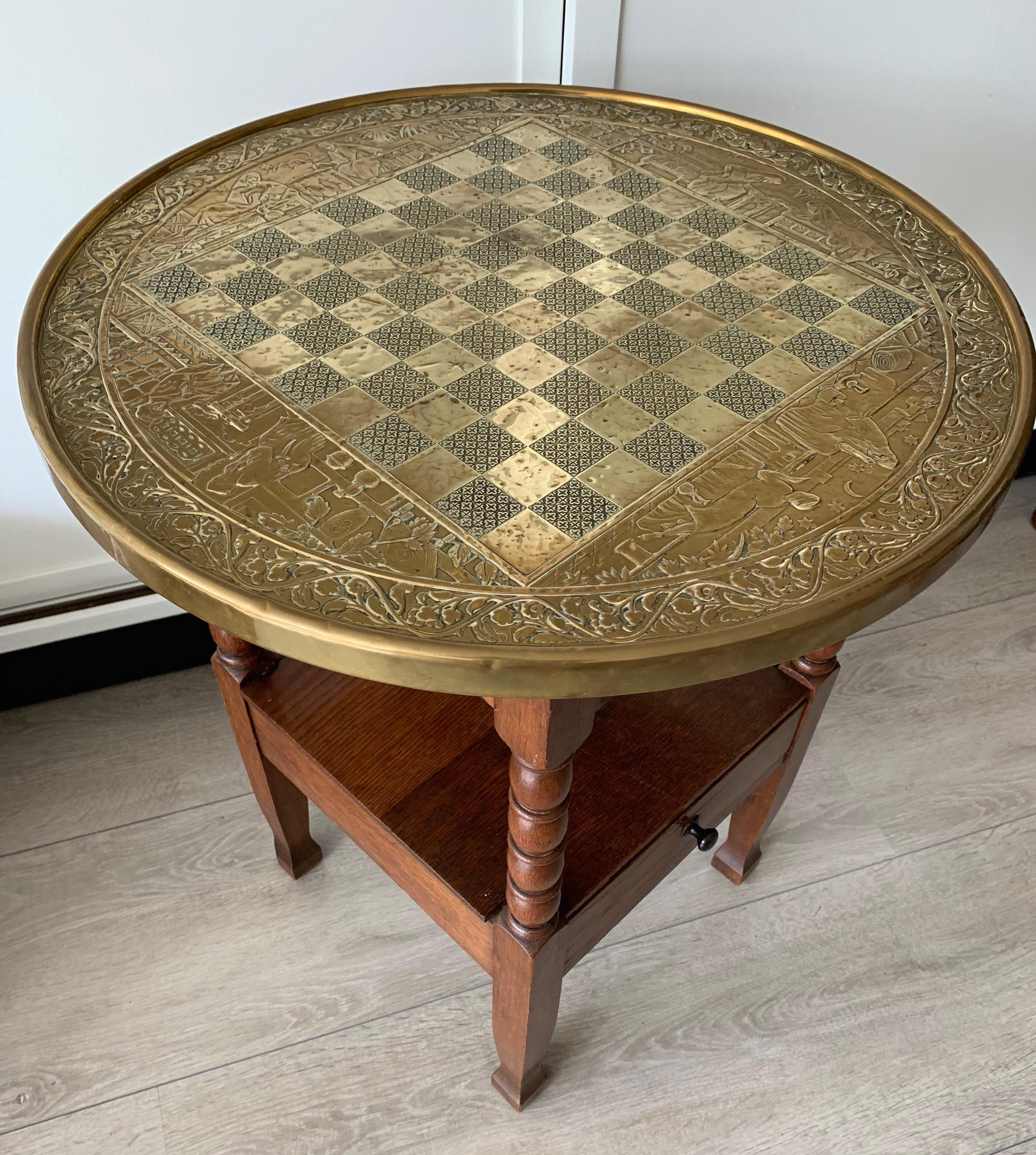 Early 1900s Dutch Arts & Crafts Checkers/Draughts Table with Embossed Brass Top 6